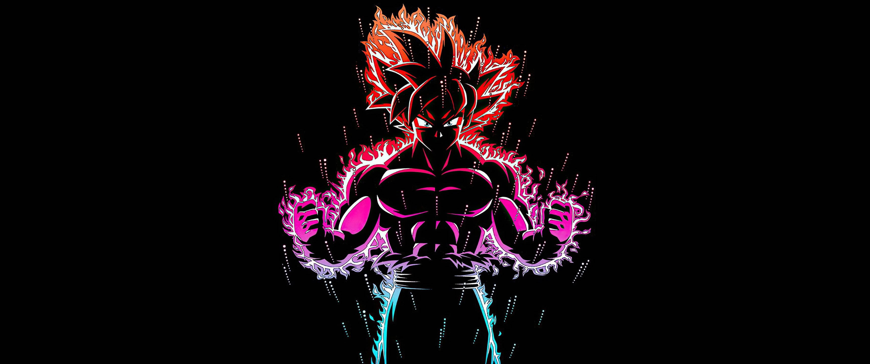 Goku Dragon Ball Super 桌布 壁紙 — 一個風格化的動漫戰士，擁有火紅的頭髮和發光的粉紅色光環，在黑色背景下強力站立。