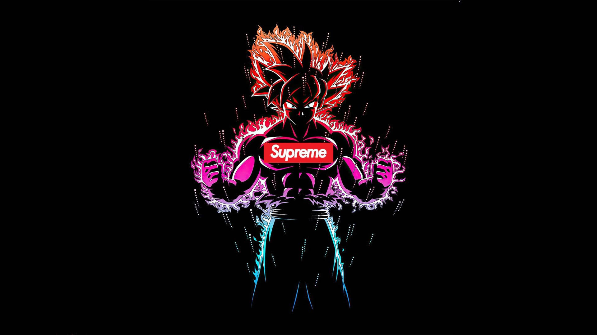 Cool Supreme 桌布 壁紙 — 一個風格化的動漫戰士，擁有火紅的頭髮和發光的粉紅色拳頭，在黑色背景上穿著 Supreme 標誌的胸甲。