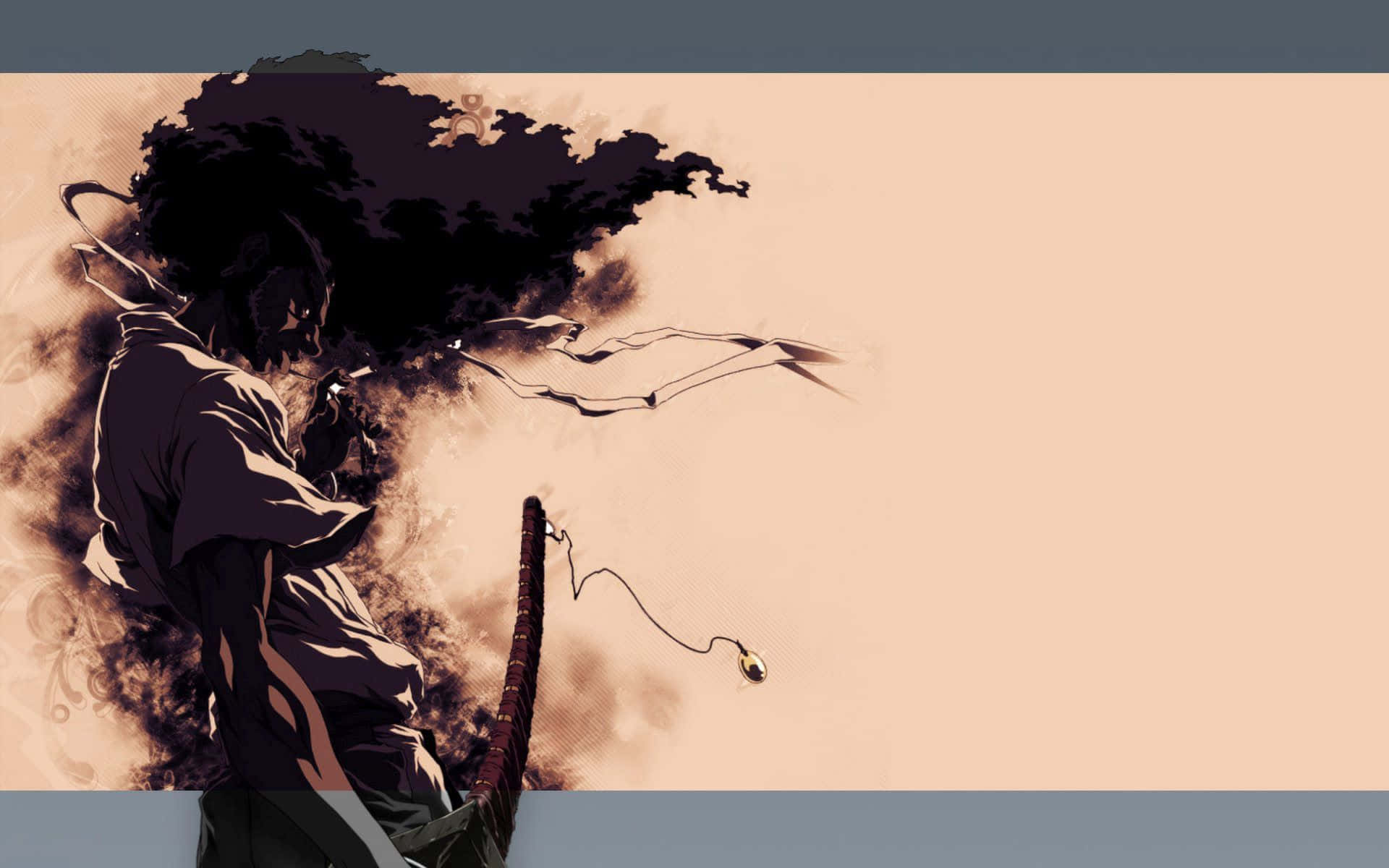 Afro Samurai 桌布 壁紙 — 一個風格化的動漫戰士，擁有狂野的頭髮和劍，在動態運動中站在帶有旋轉煙霧效果的棕褐色背景前。