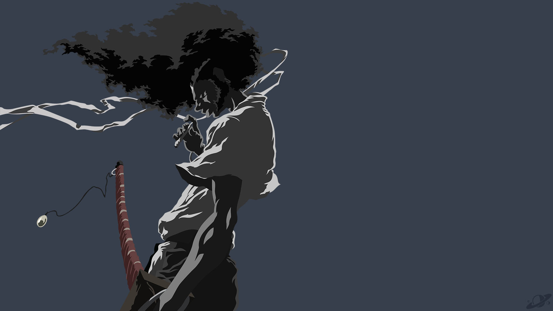 Anime Samurai 桌布 壁紙 — 一個風格化的動漫戰士，擁有狂野的黑髮和紅色劍，在深灰色背景上以戲劇性的剪影站立。