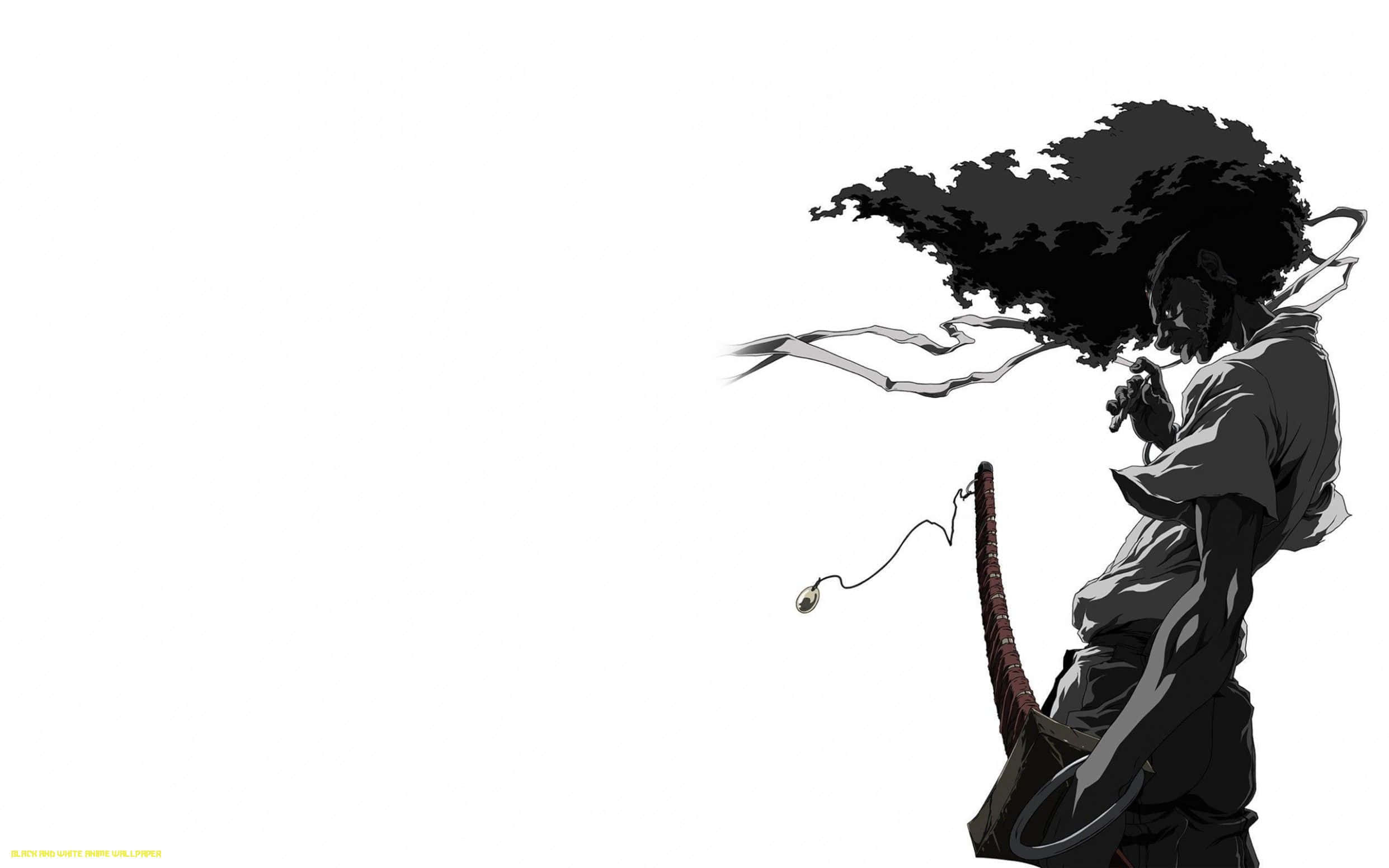 Black And White Samurai 桌布 壁紙 — 一個風格化的動漫戰士，擁有狂野的黑髮和一把劍，在純白背景上呈現剪影。