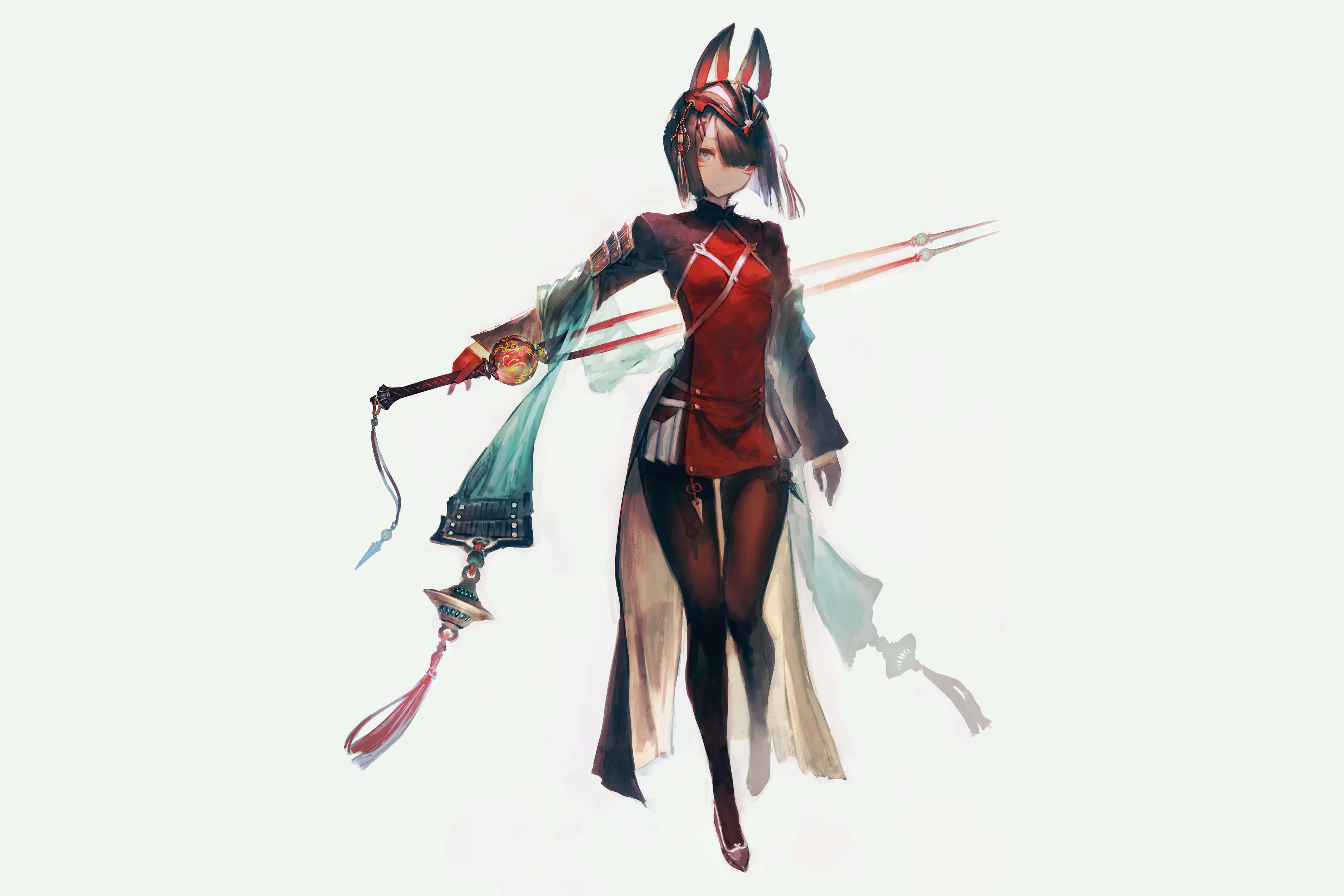動漫女孩 桌布 壁紙 — 一個風格化的動漫戰士，擁有狐狸耳朵，在純色淺色背景前揮舞著一把裝飾劍。
