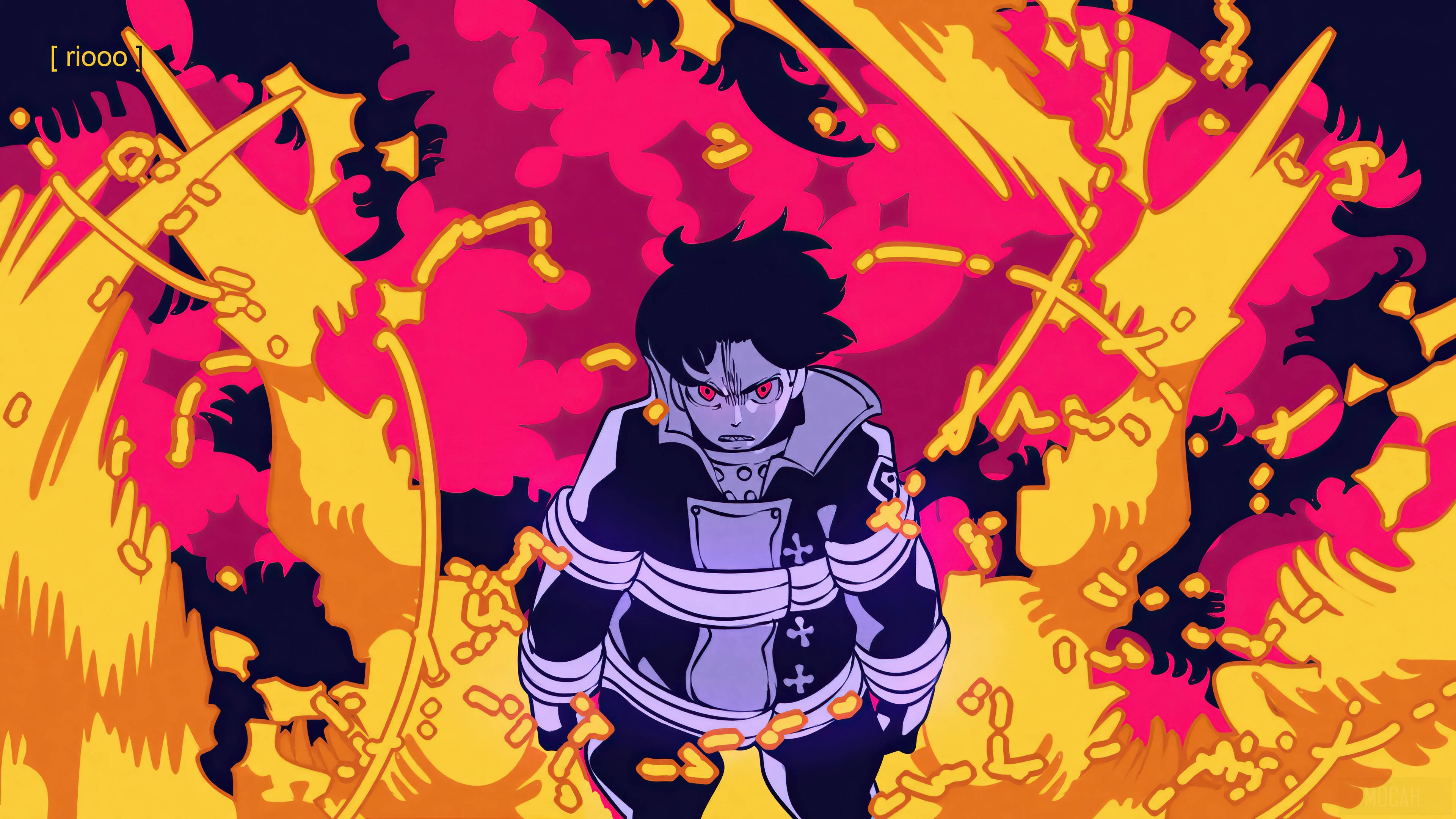 Shinra 桌布 壁紙 — 一個風格化的動漫戰士，擁有紅色眼睛和黑色盔甲，挑釁地站在混亂的火焰黃色和洋紅色能量爆炸中。