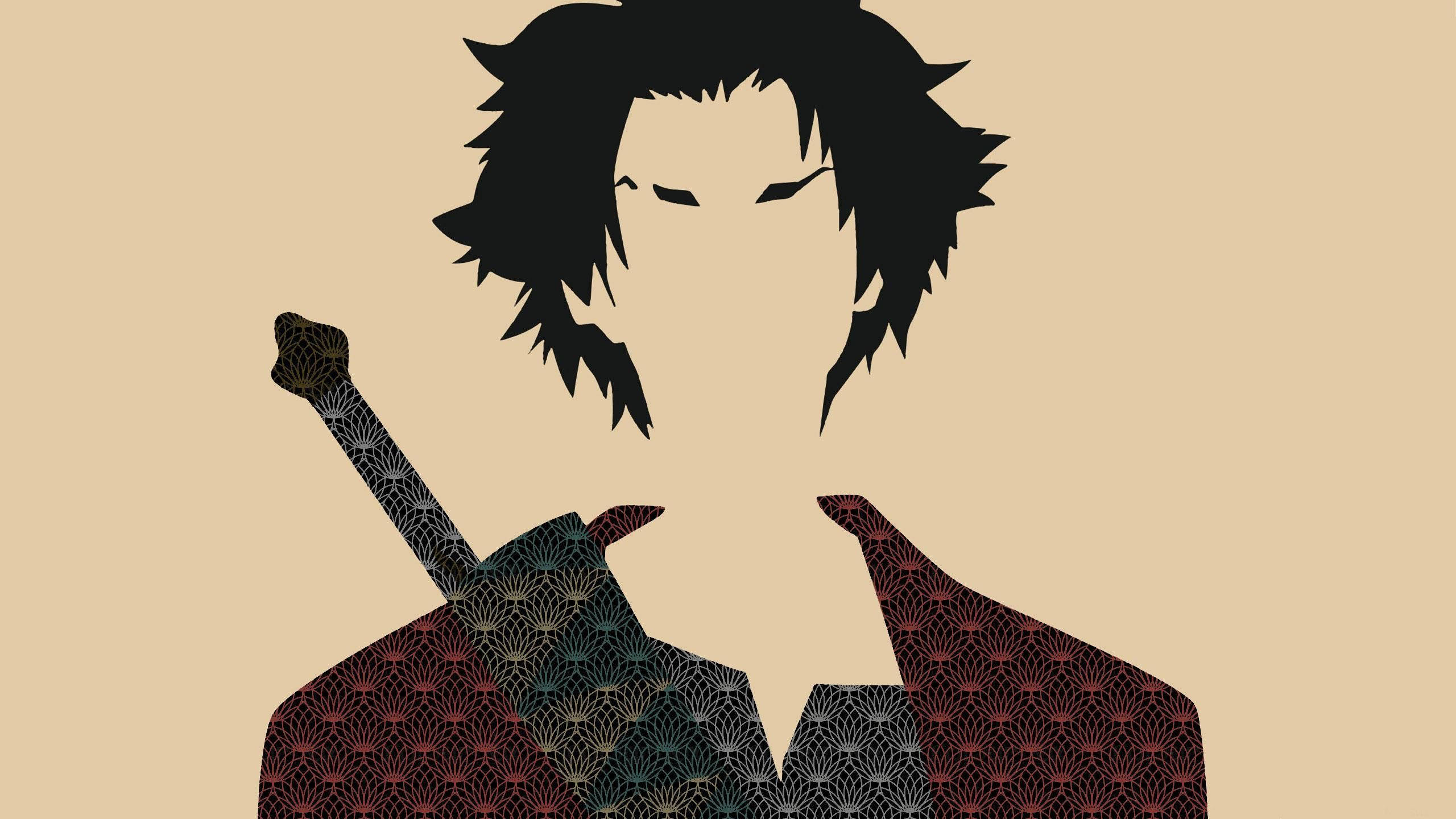Samurai Champloo 桌布 壁紙 — 一個風格化的動漫戰士，有著尖刺的黑髮和肩上扛著劍，背景是米色。