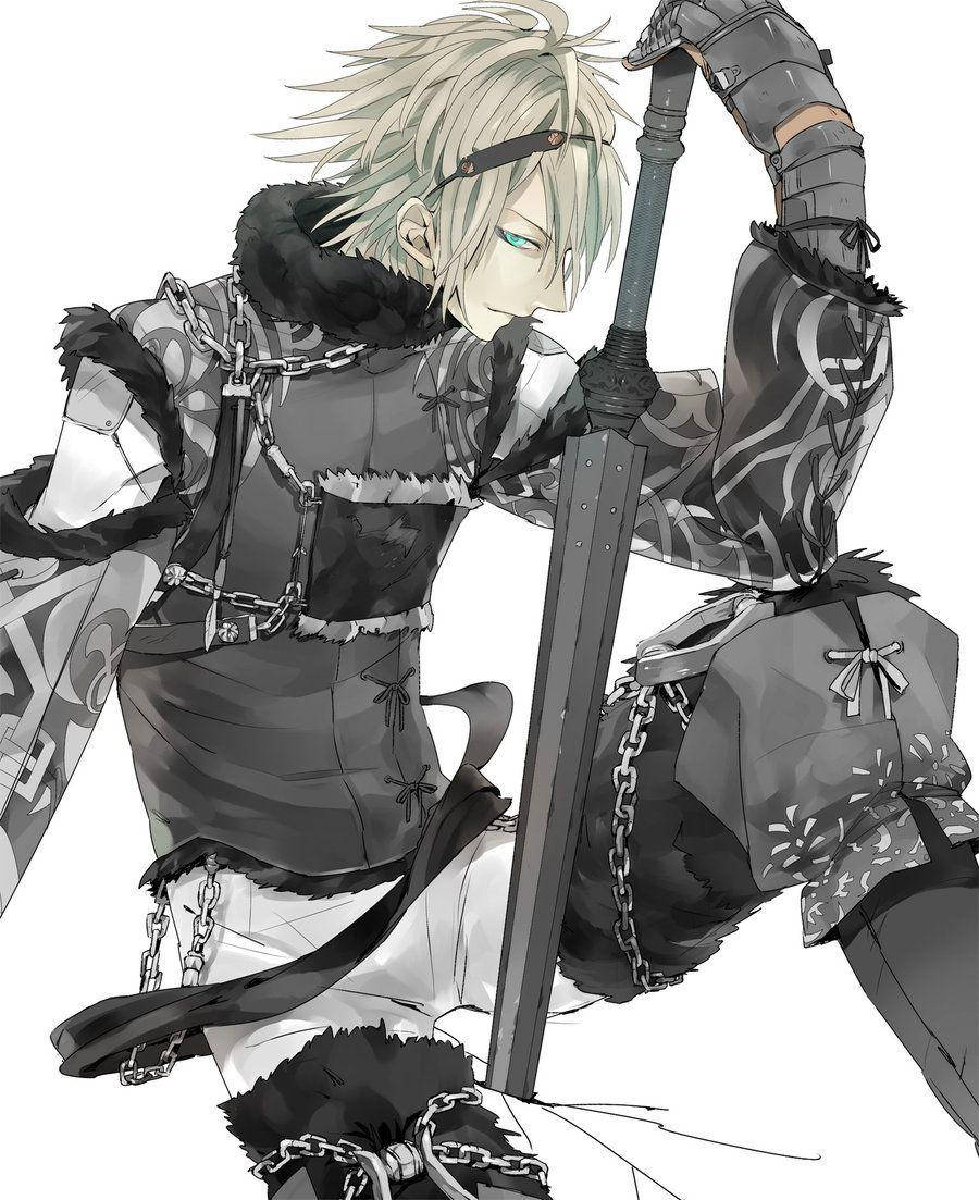 Nier 桌布 壁紙 — 一個風格化的動漫戰士，有著尖刺的白髮和發光的藍眼睛，握著一把劍，身穿華麗的鎖子甲和毛皮鑲邊盔甲。