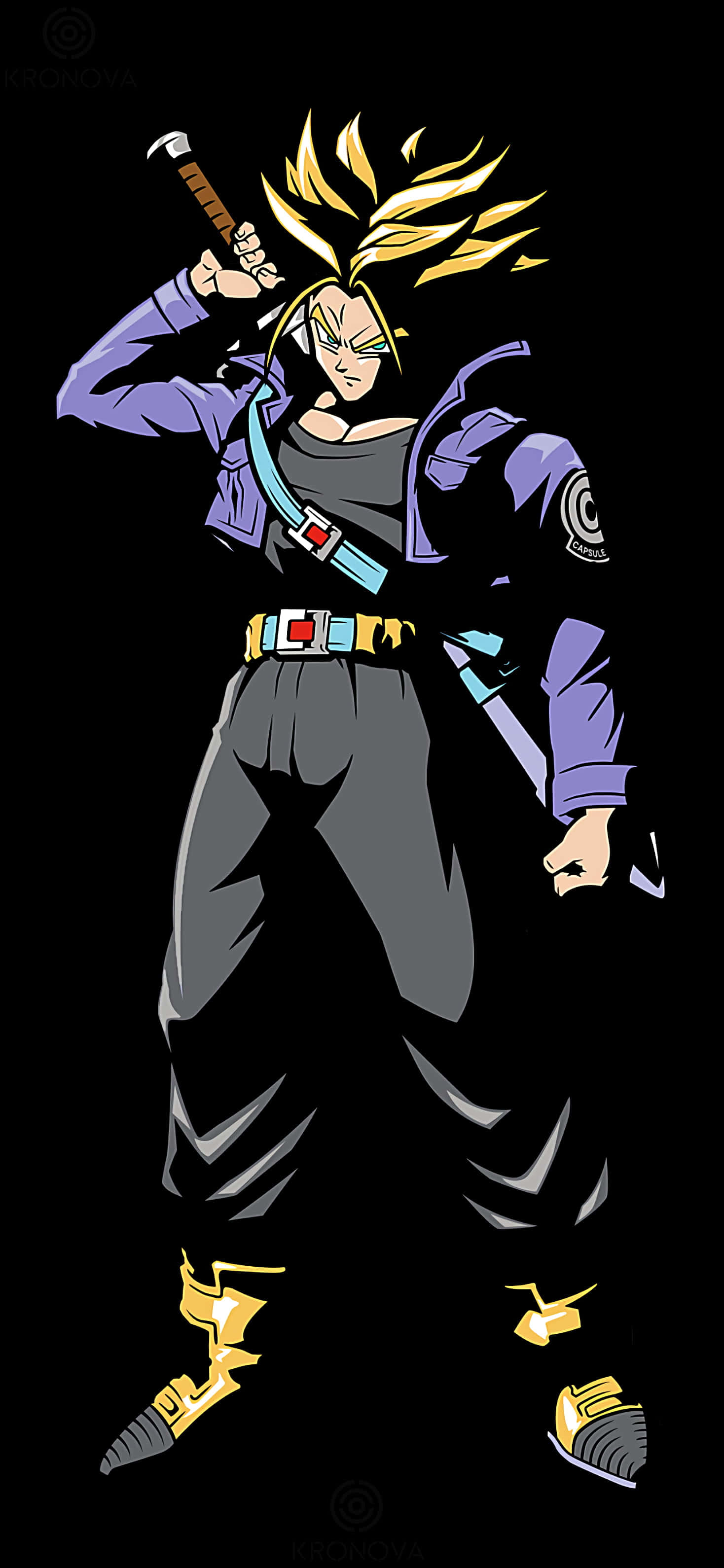 Trunks 桌布 壁紙 — 一個風格化的動漫戰士，有著尖刺的金色頭髮，在黑色背景前揮舞著劍。