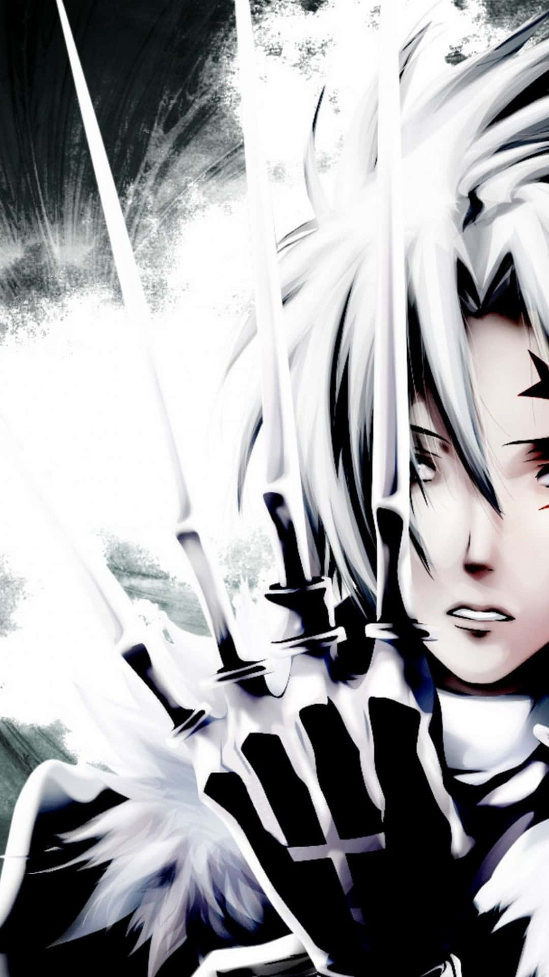 Epic Anime 桌布 壁紙 — 一個風格化的動漫戰士，白髮上帶有星星標記，在動態的黑白背景前手持多把劍。