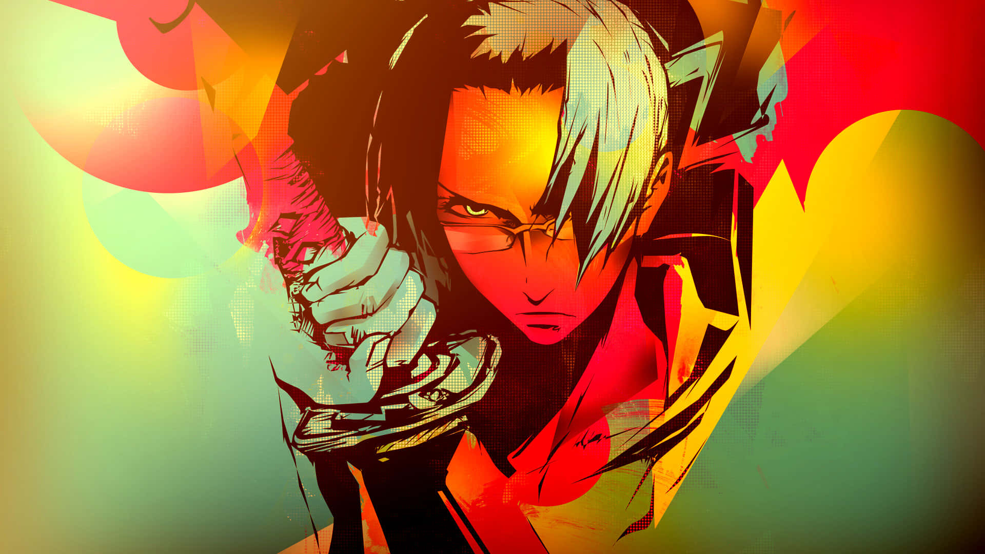 Samurai Champloo 桌布 壁紙 — 一個風格化的動漫戰士，白髮戴眼鏡，握著劍，背景是紅、黃、青綠色的鮮豔抽象背景。