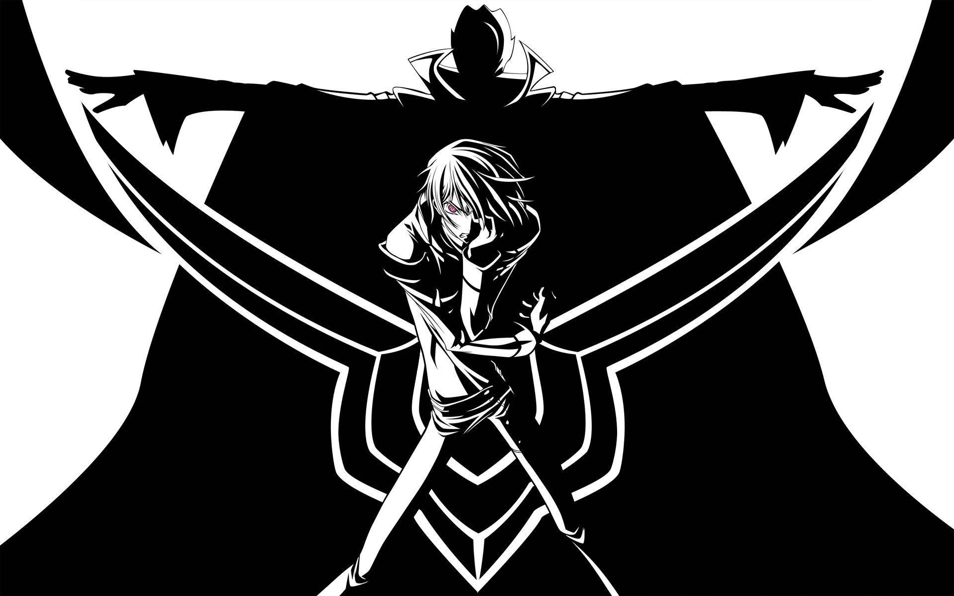 Lelouch 桌布 壁紙 — 一個風格化的動漫戰士，白髮紅眼，手持交叉劍，站在鮮明的黑白抽象背景前。