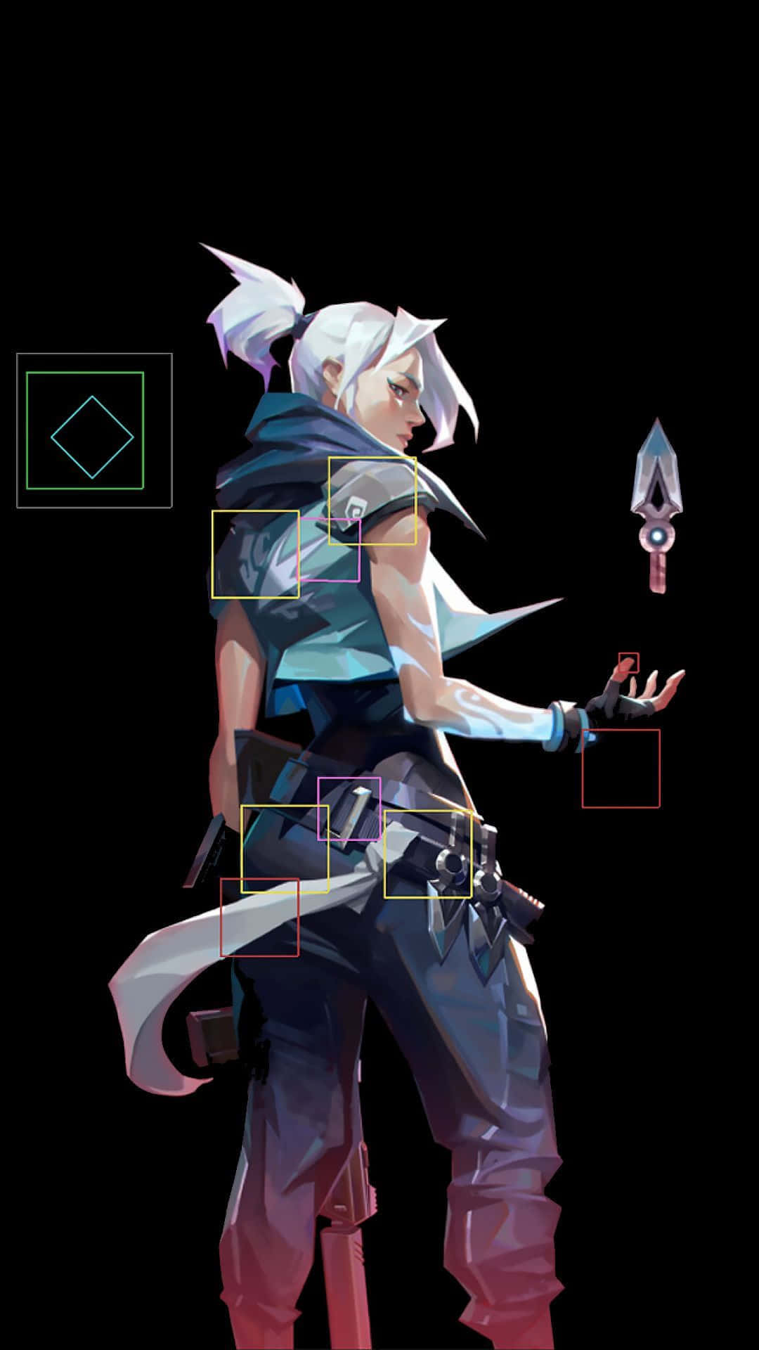 Jett Valorant 桌布 壁紙 — 一個風格化的動漫戰士，白髮藍衣，在黑色背景前手持一把漂浮的匕首。