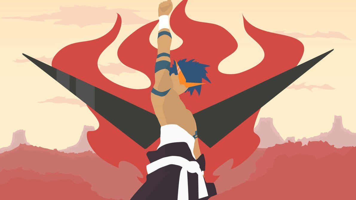Gurren Lagann Kamina 桌布 壁紙 — 一個風格化的動漫戰士，藍色頭髮，在熾熱的紅色背景前舉起拳頭，背景有沙漠岩石 formations。