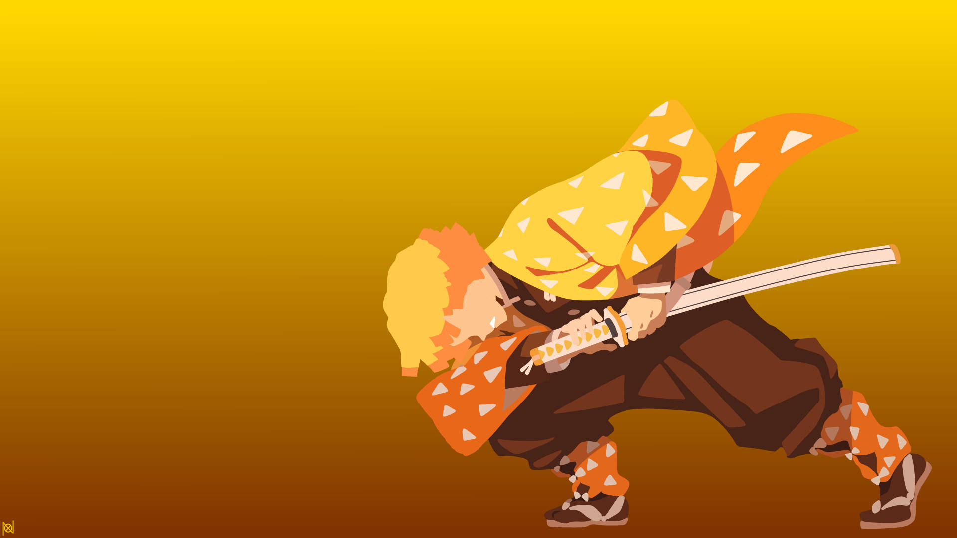 Demon Slayer Zenitsu 桌布 壁紙 — 一個風格化的動漫戰士，身穿橙色和棕色裝備，在溫暖的黃色漸變背景前持劍向前衝刺。