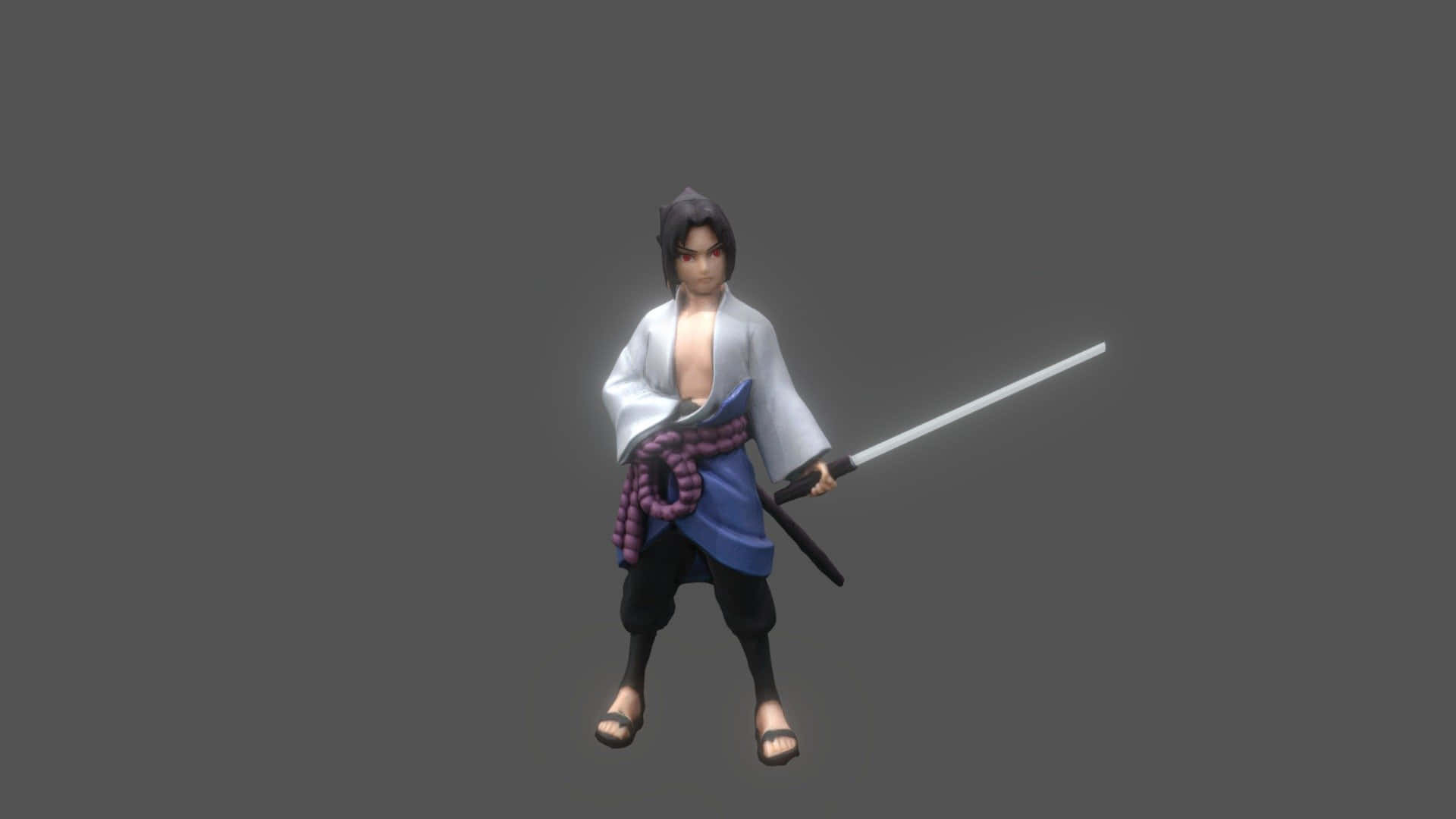 Sasuke 桌布 壁紙 — 一個風格化的動漫戰士，身穿白色、藍色和紫色的服裝，在純灰色背景前手持發光劍。
