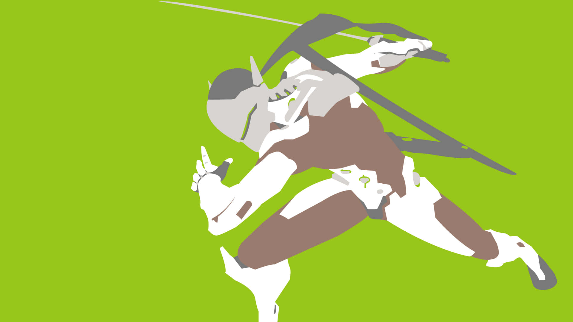 Overwatch Genji 桌布 壁紙 — 一個風格化的動漫戰士，身穿白色和棕色盔甲，手持長矛，在充滿活力的萊姆綠色背景上向前衝刺。