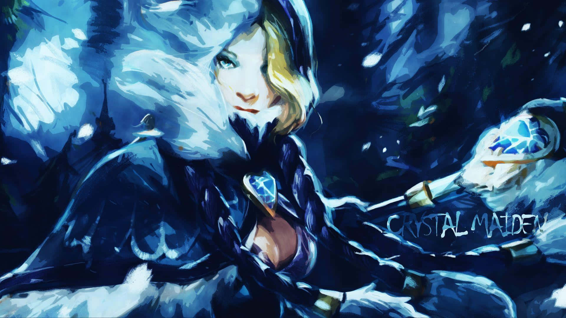 Crystal Maiden 桌布 壁紙 — 一個風格化的動漫戰士，金髮和冰藍色盔甲，站在雪地森林中，揮舞著發光的晶體刀刃。