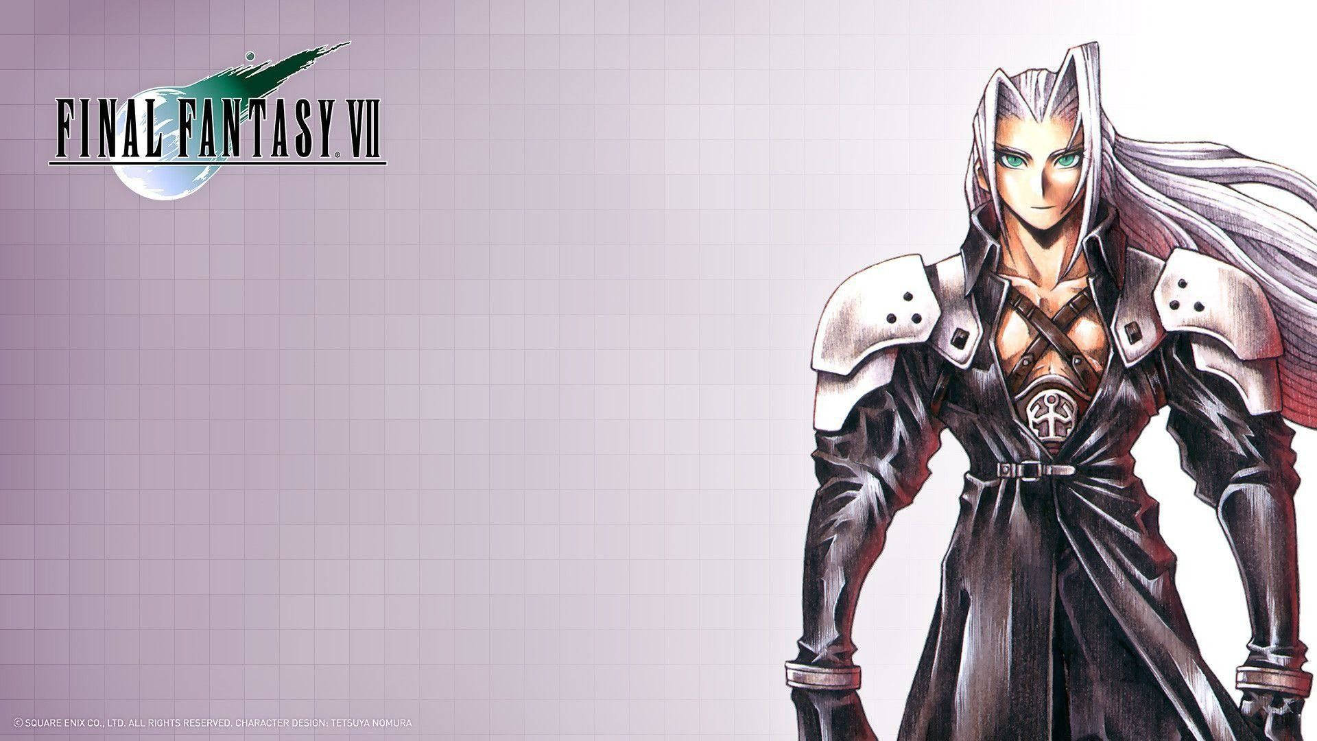 Sephiroth 桌布 壁紙 — 一個風格化的動漫戰士，長著銀色長髮，穿著黑色盔甲，自信地站在淺紫色網格背景前。