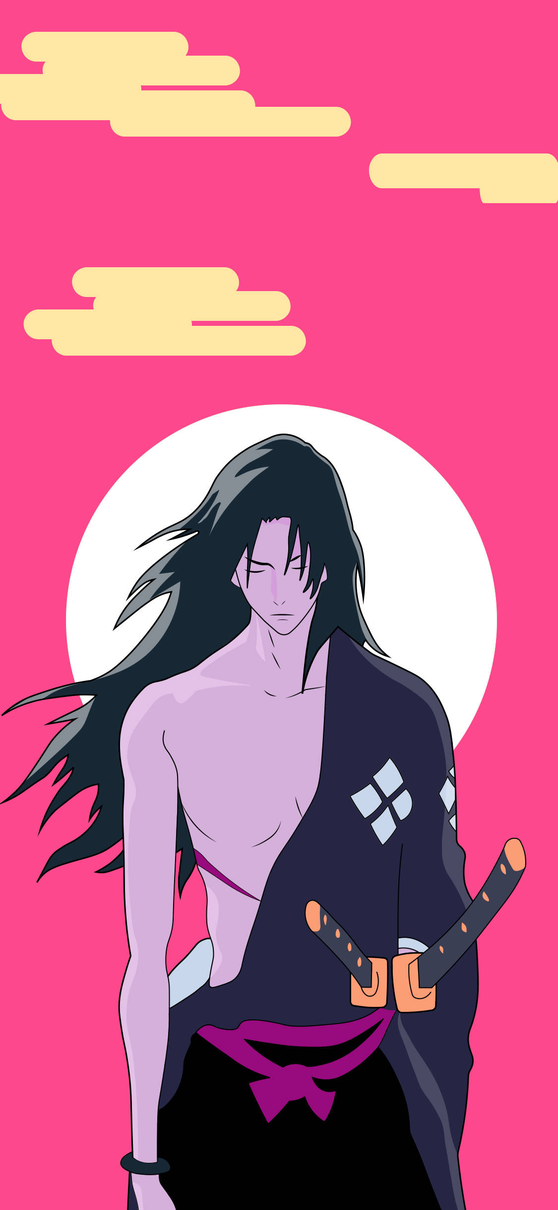 Samurai Champloo 桌布 壁紙 — 一個風格化的動漫戰士，長長的黑髮和劍，站在明亮的粉紅色背景前，背景有白色的月亮和黃色的雲。