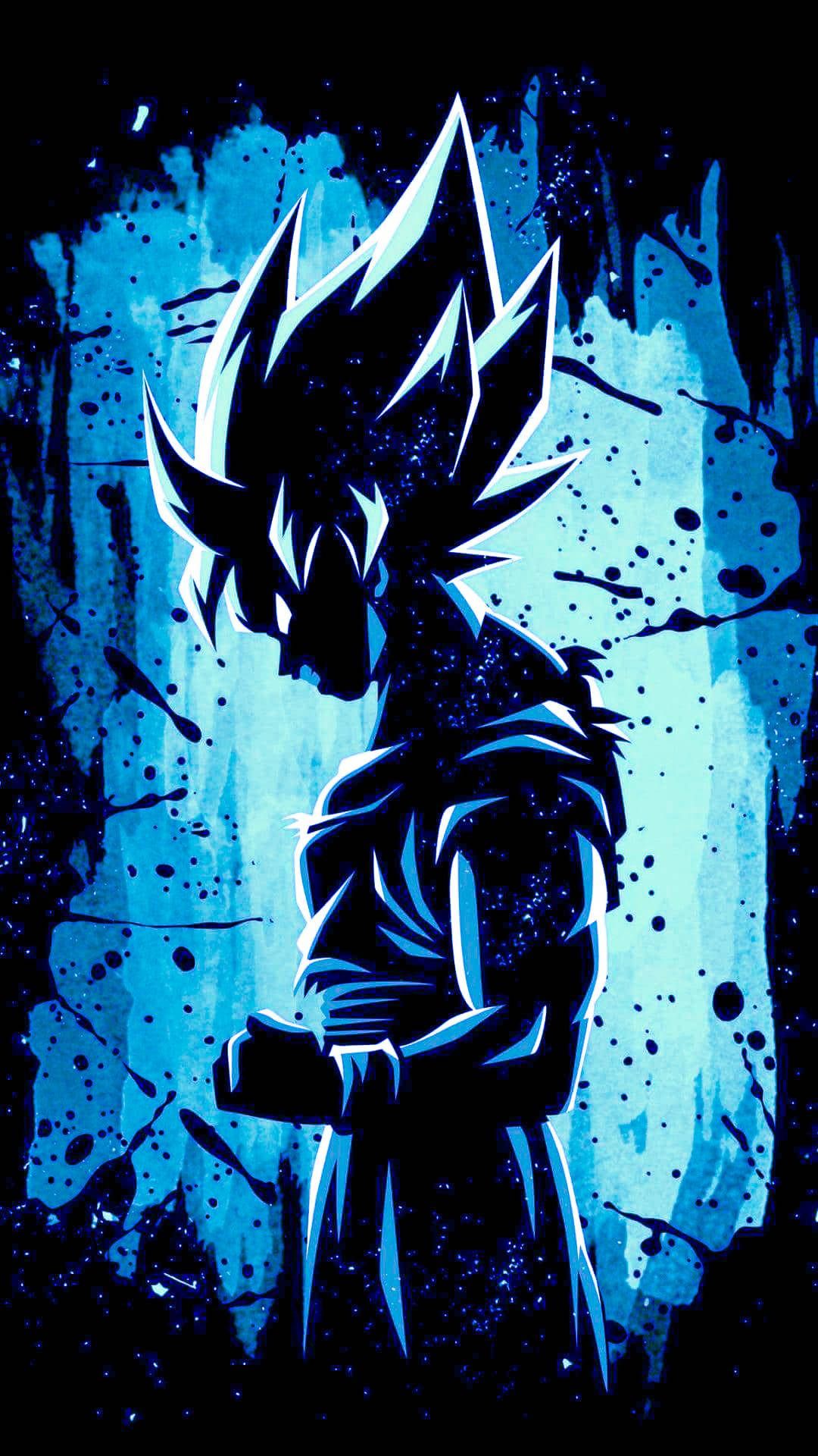 Goku Aesthetic 桌布 壁紙 — 一個風格化的動漫戰士，頭髮尖刺，以剪影形式站在充滿活力的藍色潑濺背景前。