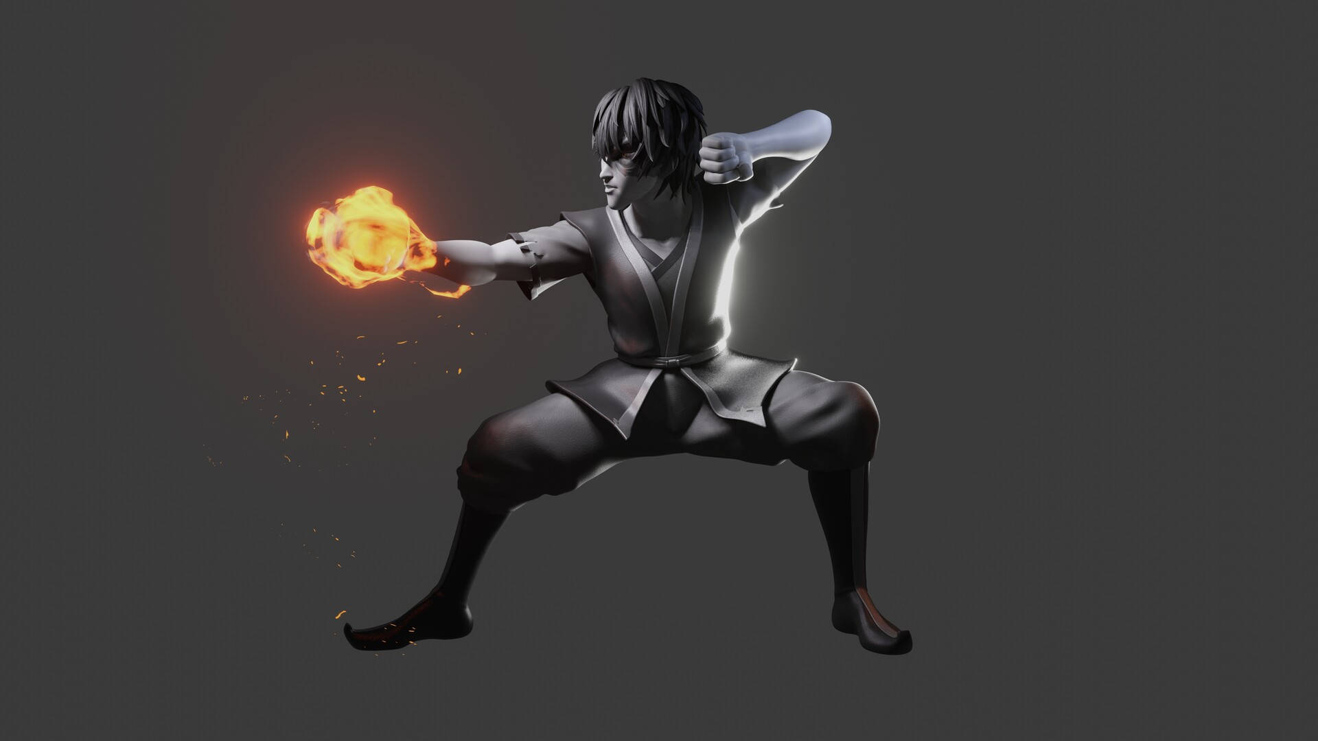Zuko 桌布 壁紙 — 一個風格化的動漫戰士以動態姿勢從手中釋放火焰能量，背景為深灰色。