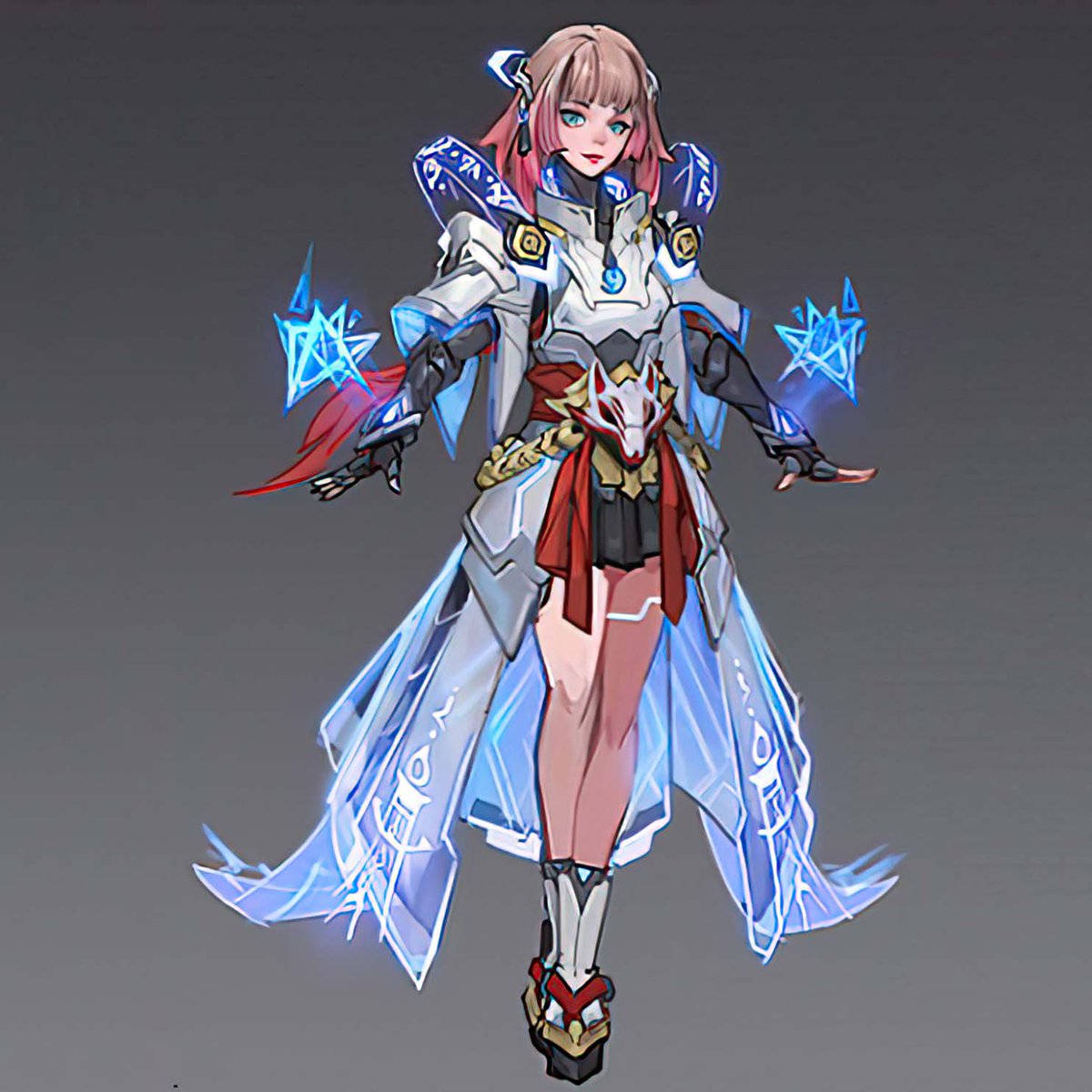 Guinevere 桌布 壁紙 — 一個風格化的動漫戰士女孩，身穿發光藍色盔甲，帶有紅色點綴和漂浮的星形能量效果。