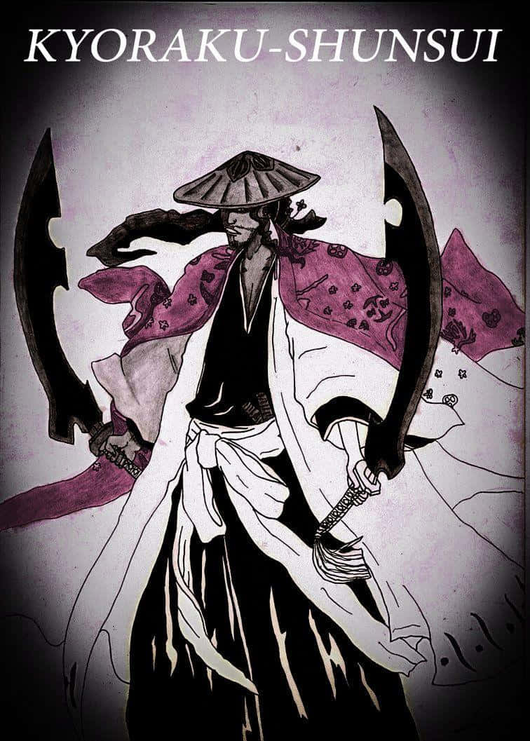 Shunsui Kyoraku 桌布 壁紙 — 一個風格化的動漫戰士戴著寬邊帽，在柔和的紫色和灰色背景下揮舞著兩把大型彎曲劍。