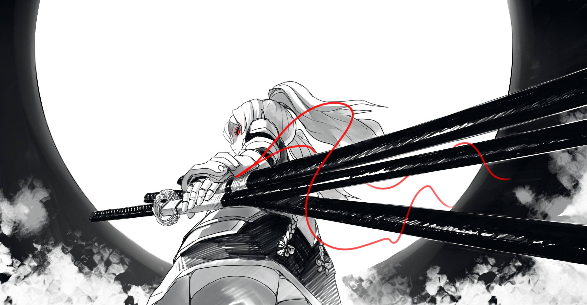 動漫 桌布 壁紙 — 一個風格化的動漫戰士握著一把武士刀，面對一個清晰的圓形虛空，周圍有紅色能量線旋轉。