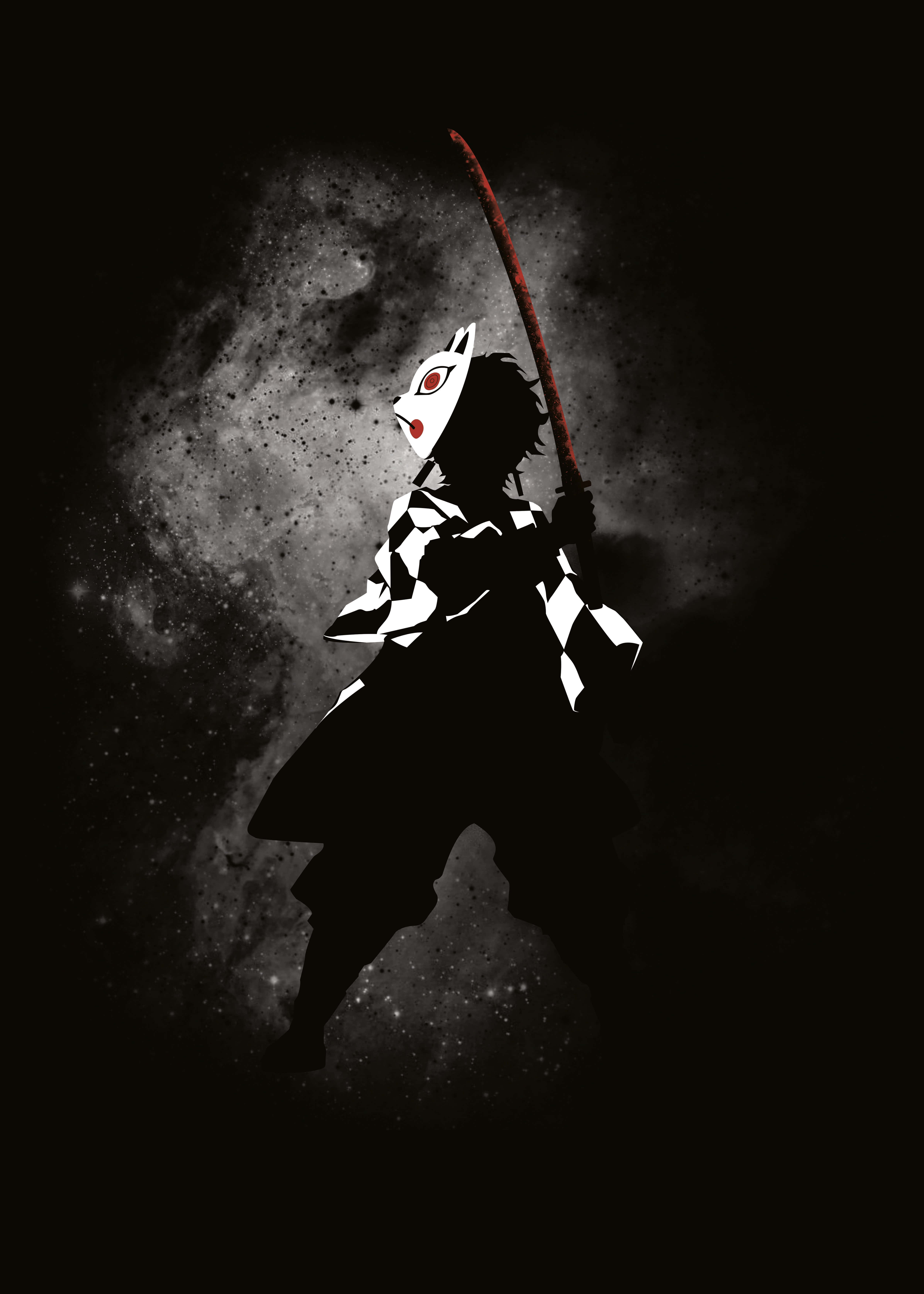 桌布 壁紙 — 一個風格化的動漫戰士穿著格紋和服，在宇宙星雲背景下揮舞著一把血淋淋的劍。