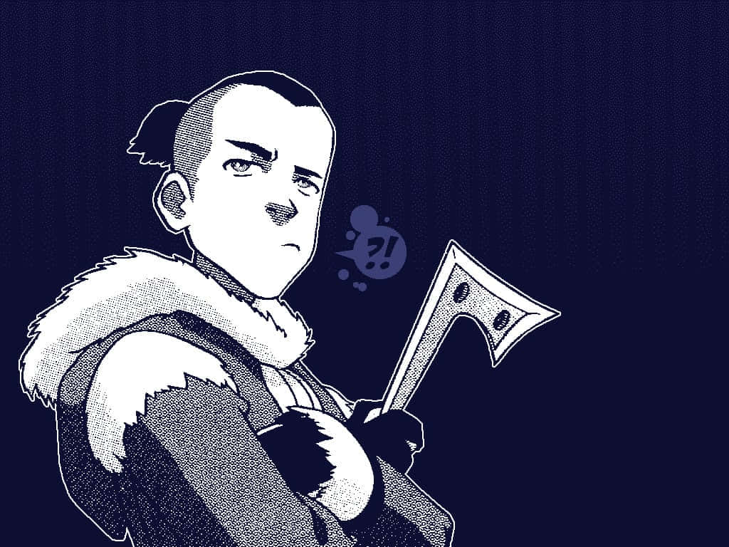 穿著毛皮盔甲的動漫戰士驚訝地握著斧頭。 — 頭像 GIF 壁紙