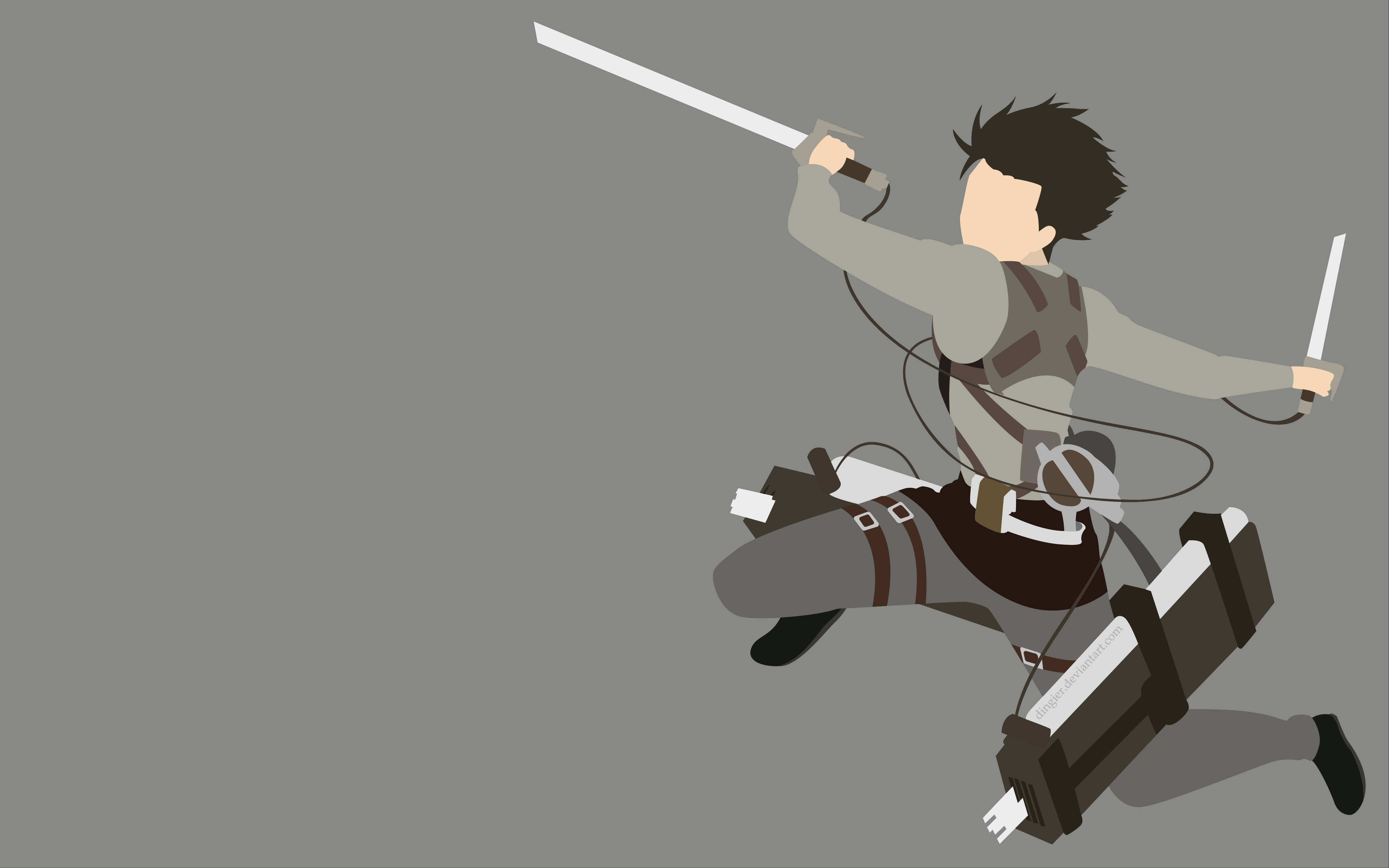 Levi 桌布 壁紙 — 一個風格化的動漫戰士穿著背帶，在純灰色背景前揮舞雙劍向前跳躍。