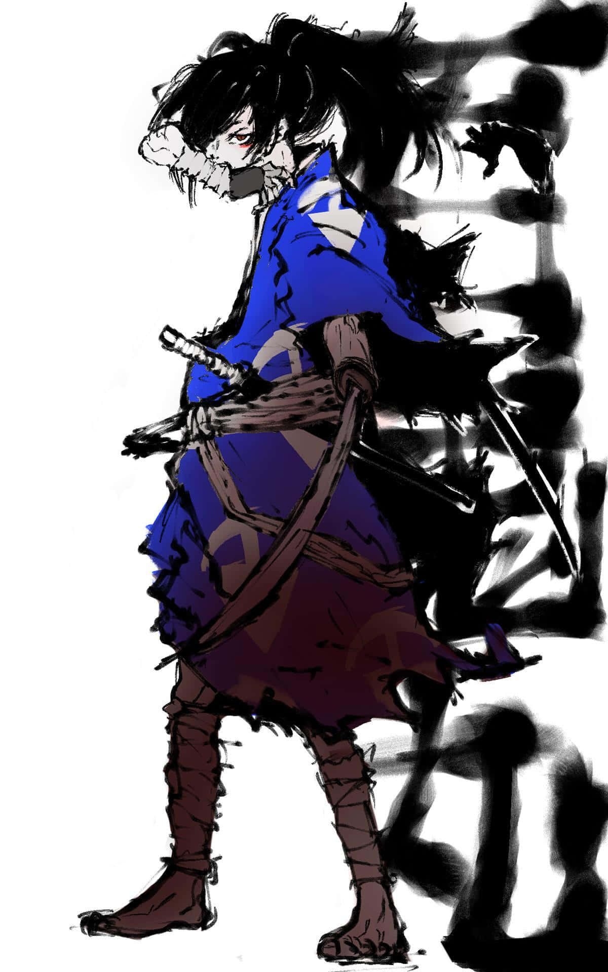 多羅羅 桌布 壁紙 — 一個風格化的動漫戰士穿著藍色和紫色的長袍，手持劍站在煙霧般的黑白背景前。