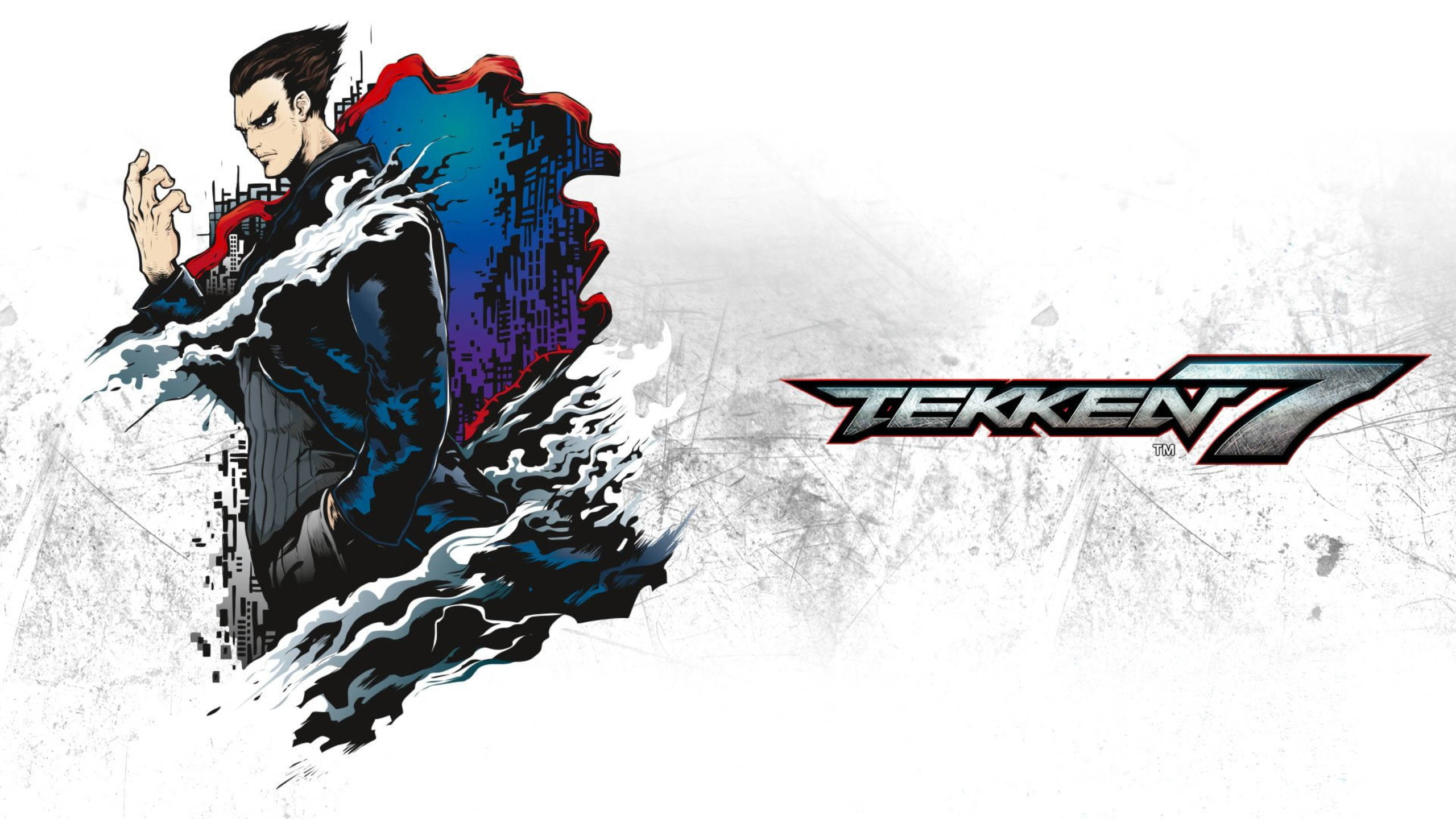 Tekken 桌布 壁紙 — 一個風格化的動漫戰士穿著黑色西裝，在帶有鐵拳7標誌的骯髒白色背景上以動態能量向前衝刺。