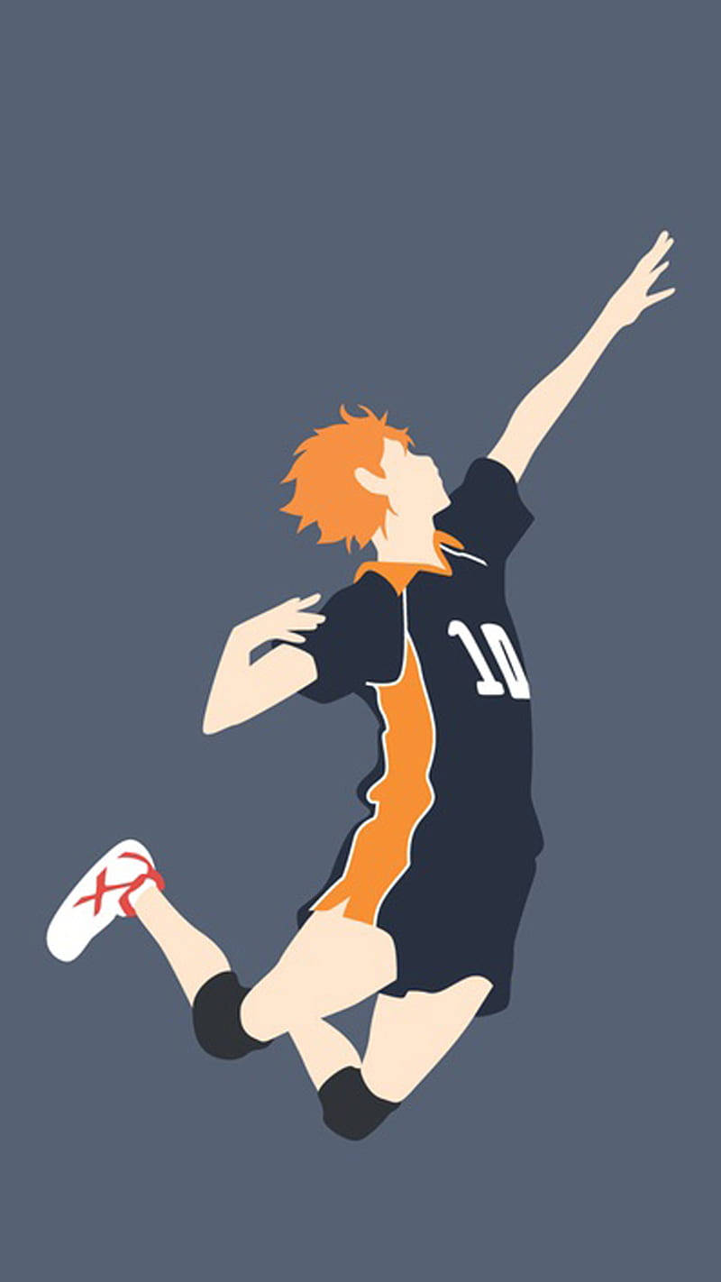 Shoyo Hinata 桌布 壁紙 — 一個風格化的動漫排球運動員在半空中扣球，橙色頭髮，身穿10號球衣，背景為純灰色。