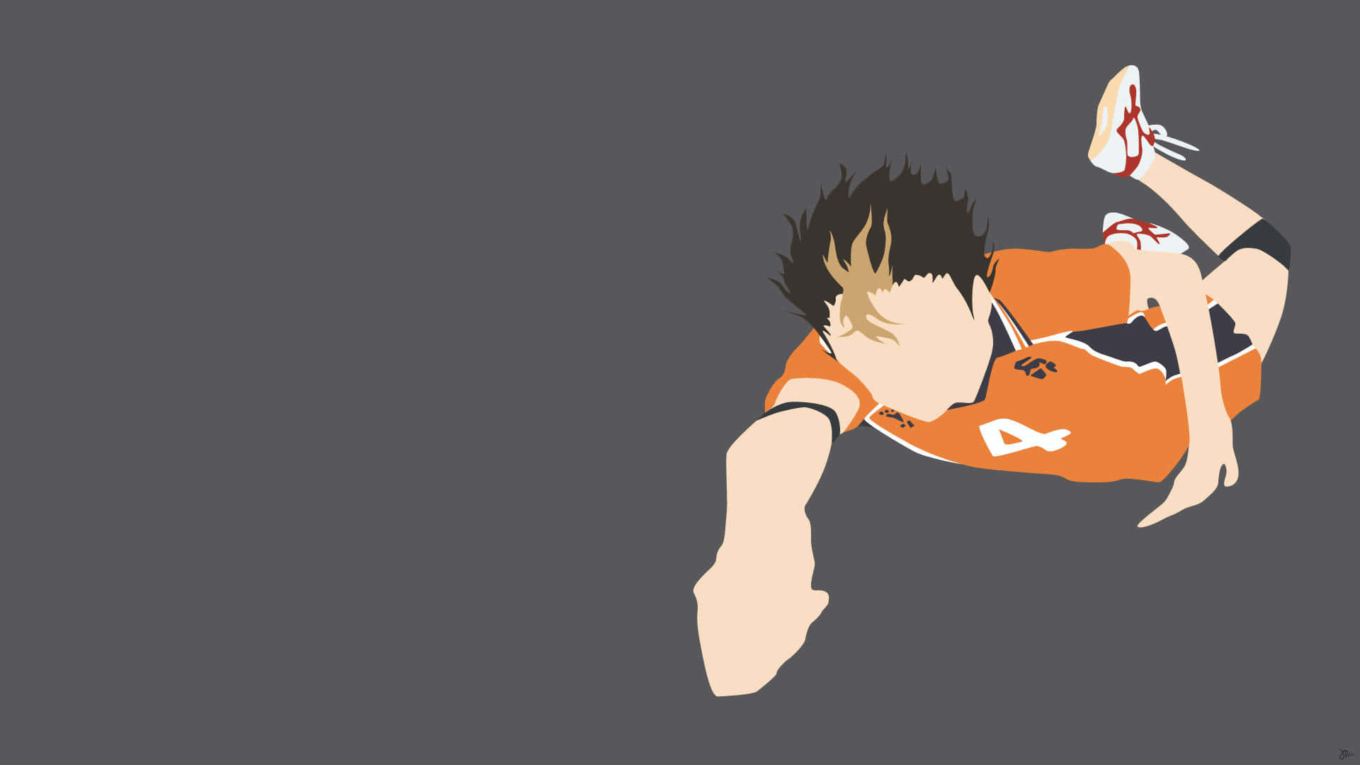 Haikyuu Fan Art 桌布 壁紙 — 一個風格化的動漫排球運動員穿著橙色球衣，在純灰色背景上動態撲救。