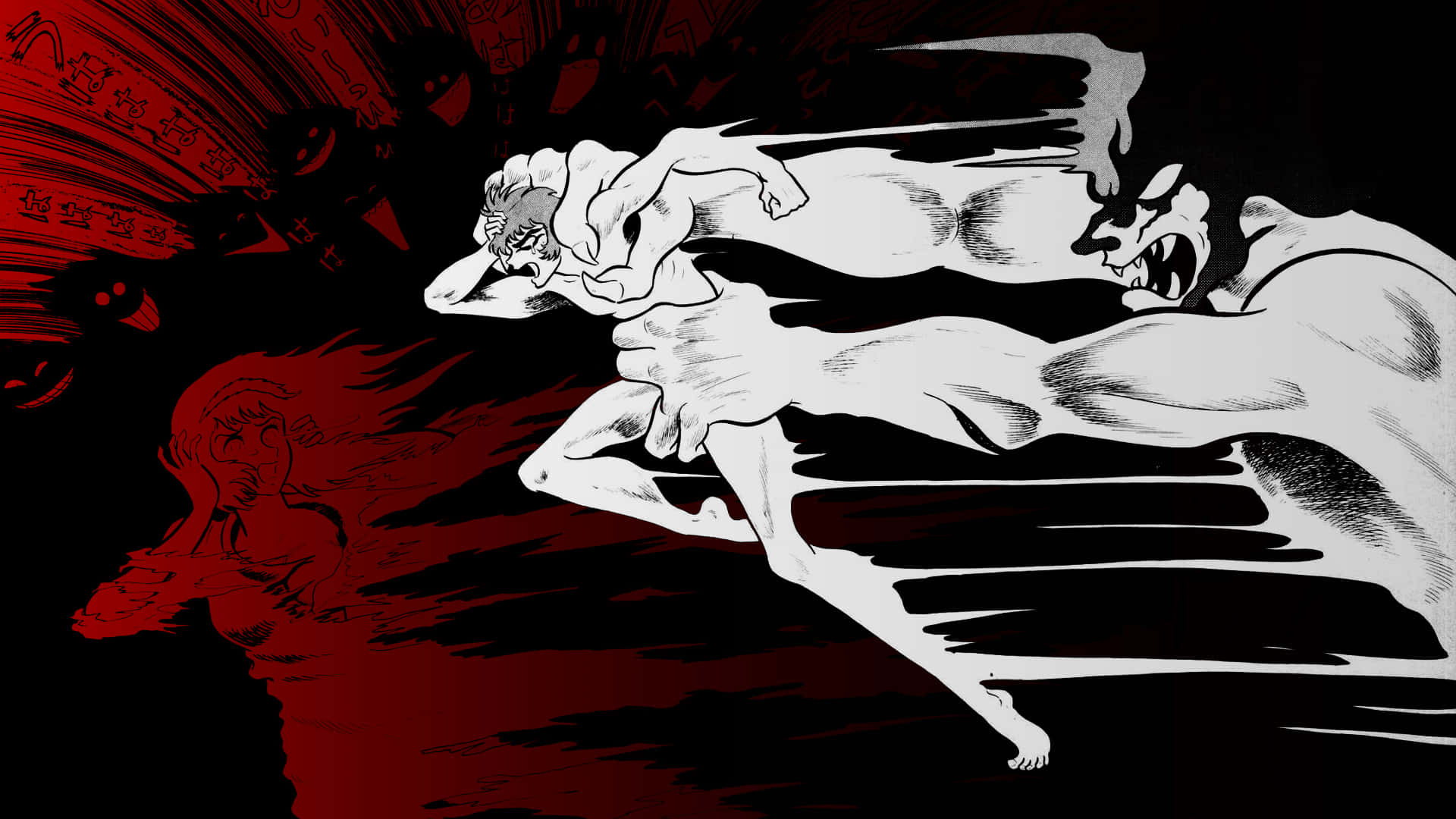 Devilman Crybaby 桌布 壁紙 — 一個風格化的動漫插圖，描繪一個肌肉發達的人物在血紅色和黑色背景上被怪物般的手猛烈攻擊。