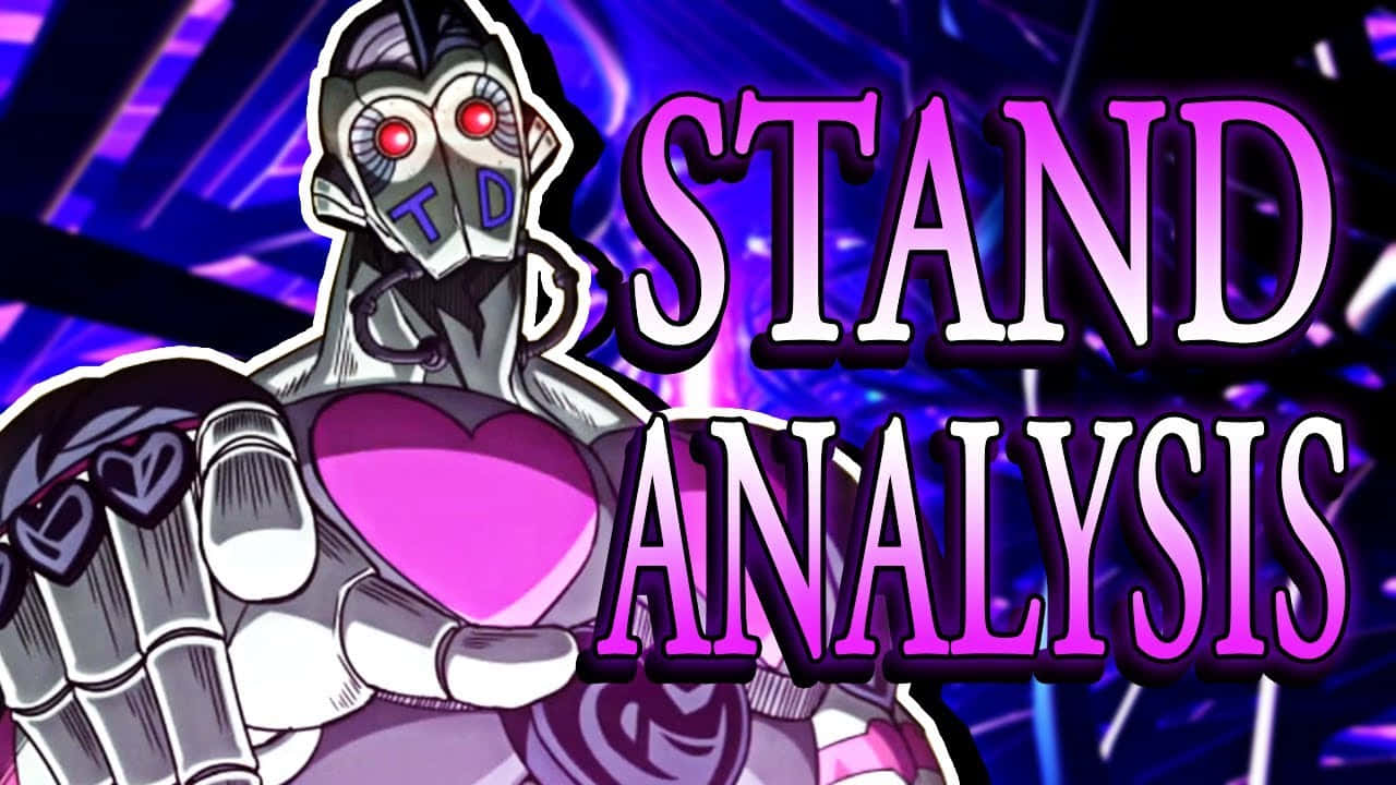 Jojo's Bizarre Adventure Atum 桌布 壁紙 — 一個風格化的動漫機器人，紅色的眼睛，在充滿活力的紫色霓虹背景上拿著一個發光的粉紅色心形。