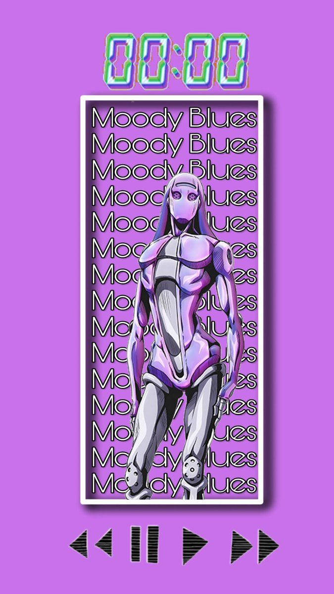 Jojo Phone 桌布 壁紙 — 一個風格化的動漫機器人女性站在重複的「Moody Blues」文字背景前，下方有一個發光的數位計時器。