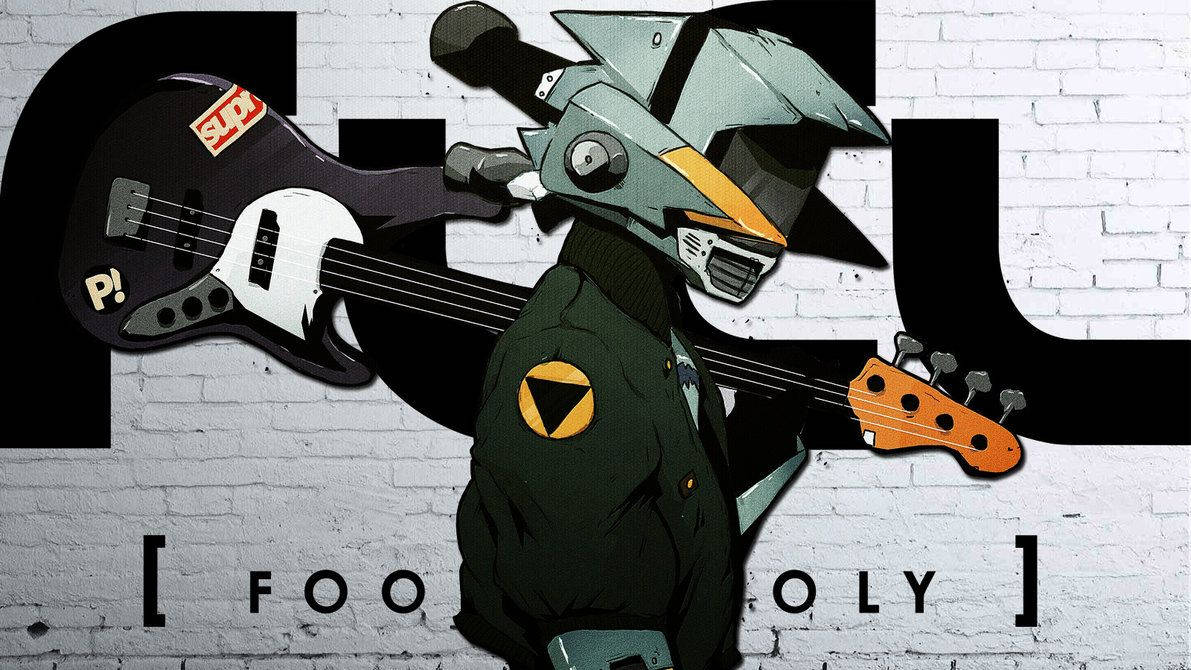 Flcl 桌布 壁紙 — 一個風格化的動漫機器人音樂家，戴著頭盔和外套，拿著低音吉他，背景是塗鴉磚牆。