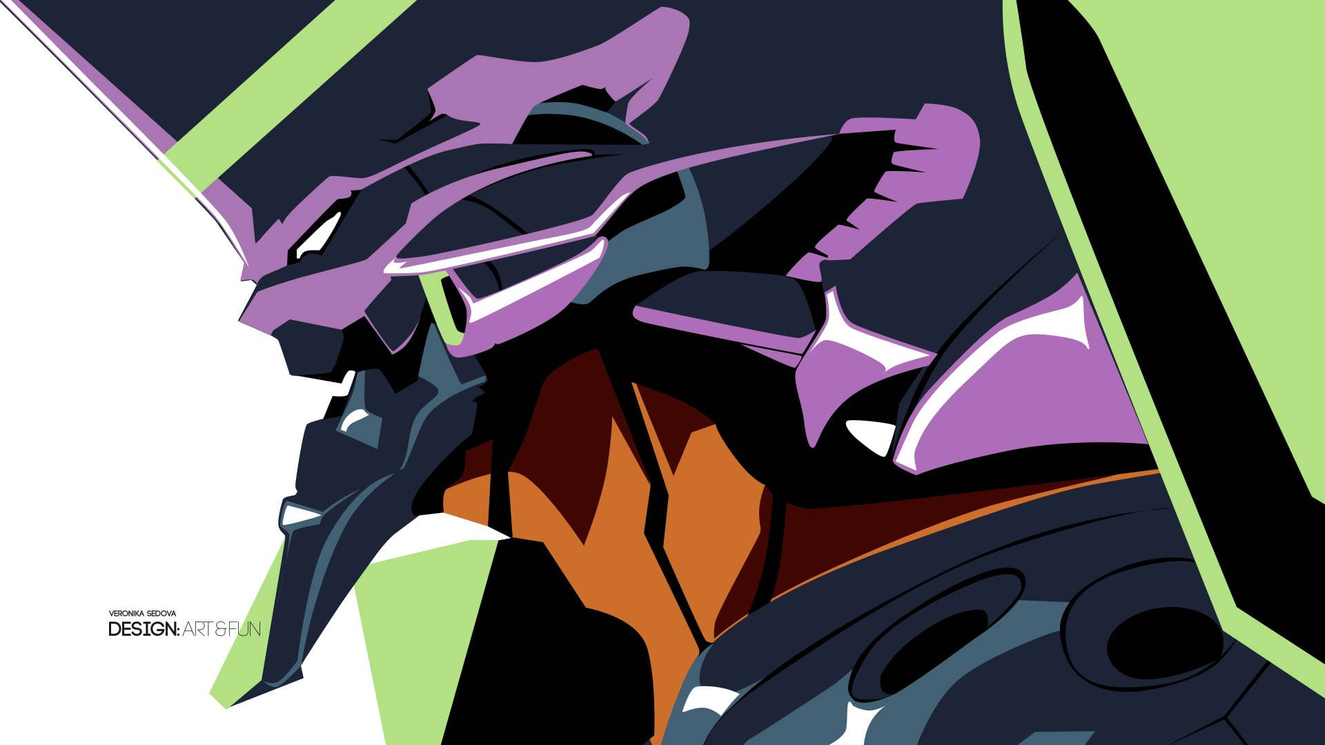 evangelion 4K 桌布 壁紙 — 一個風格化的動漫機甲，帶有紫色和綠色點綴，在純白背景下強烈凝視。