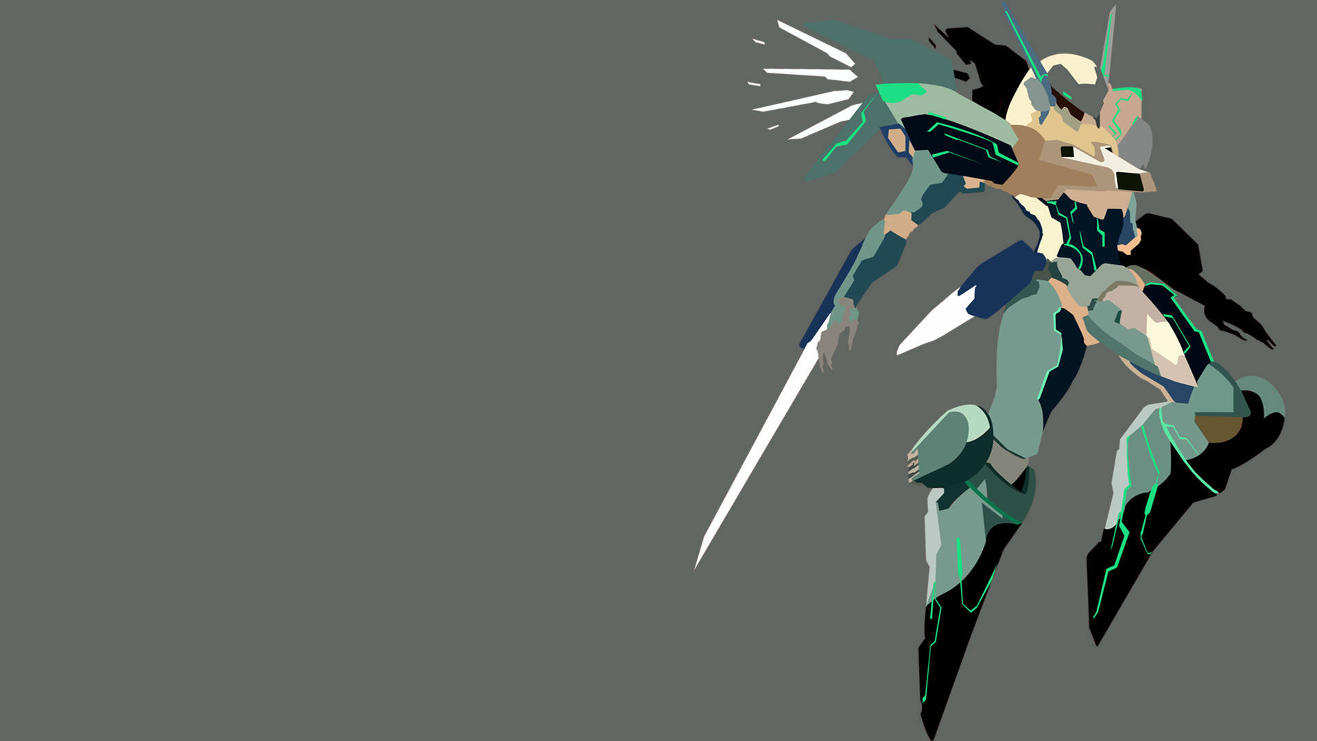 Minimalist Anime 桌布 壁紙 — 一個風格化的動漫機甲戰士，身穿青綠色和黑色裝甲，在純灰色背景前揮舞著發光的劍向前斬擊。