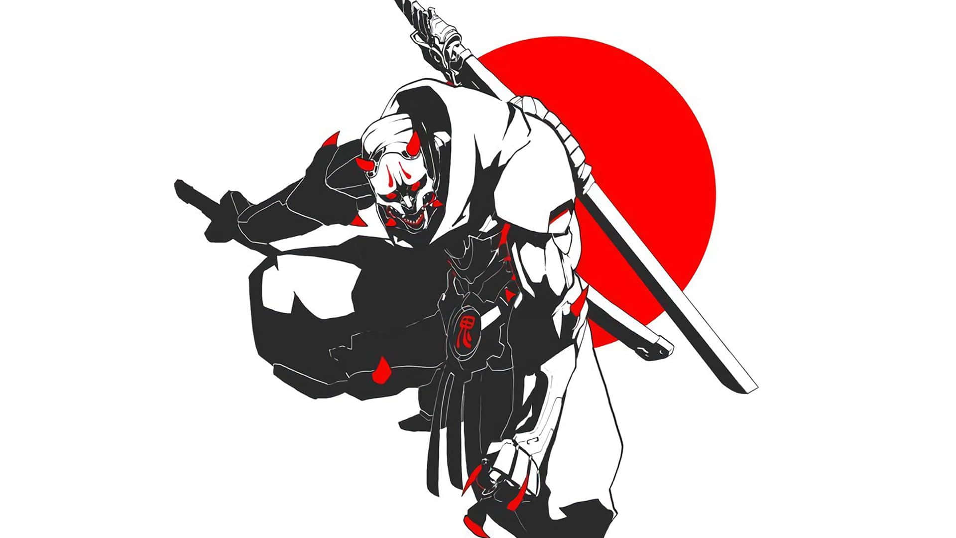 Black And White Samurai 桌布 壁紙 — 一個風格化的動漫武士，紅眼和血跡斑斑，在鮮紅的太陽背景下向前衝刺。