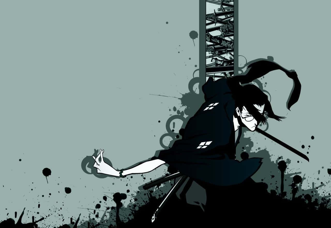 Samurai Champloo 桌布 壁紙 — 一個風格化的動漫武士，身穿黑色長袍，在墨跡飛濺中持劍向前衝刺，背景為柔和的青綠色。