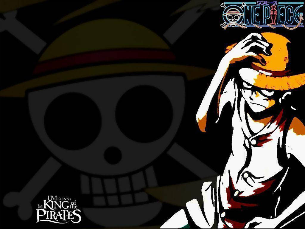 Luffy 桌布 壁紙 — 一個風格化的動漫海盜戴著草帽，在黑暗背景前調整他的帽子，背景上有骷髏和交叉骨標誌。