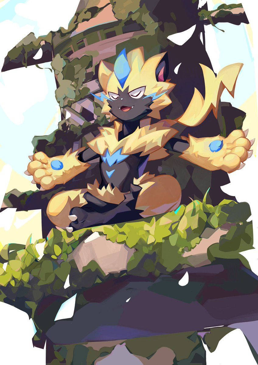 Zeraora 桌布 壁紙 — 一個風格化的動漫狐狸般生物，帶有藍色標記和發光的拳頭，坐在明亮的天空下長滿苔蘚的廢墟上。