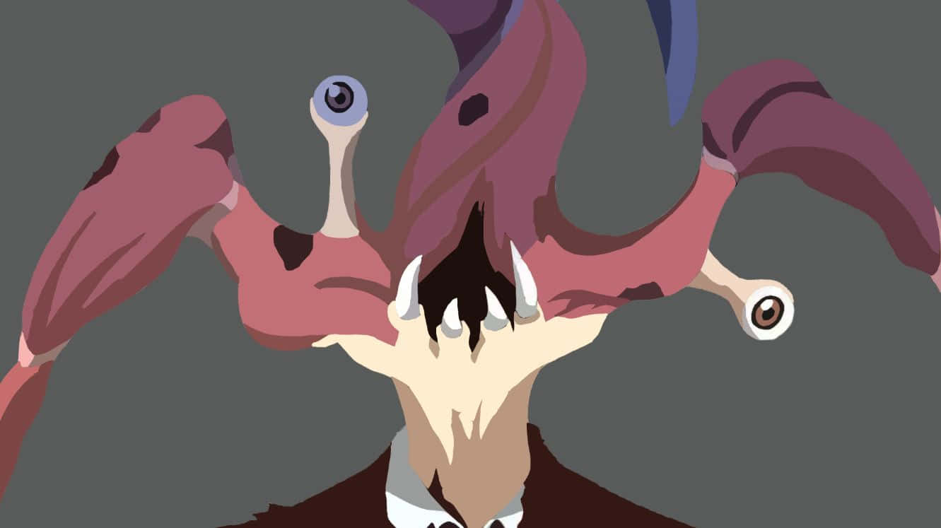 Cartoon Horror 桌布 壁紙 — 一個風格化的動漫生物，擁有粉紅色的四肢和漂浮的眼球，從灰色背景上的深色西裝中出現。
