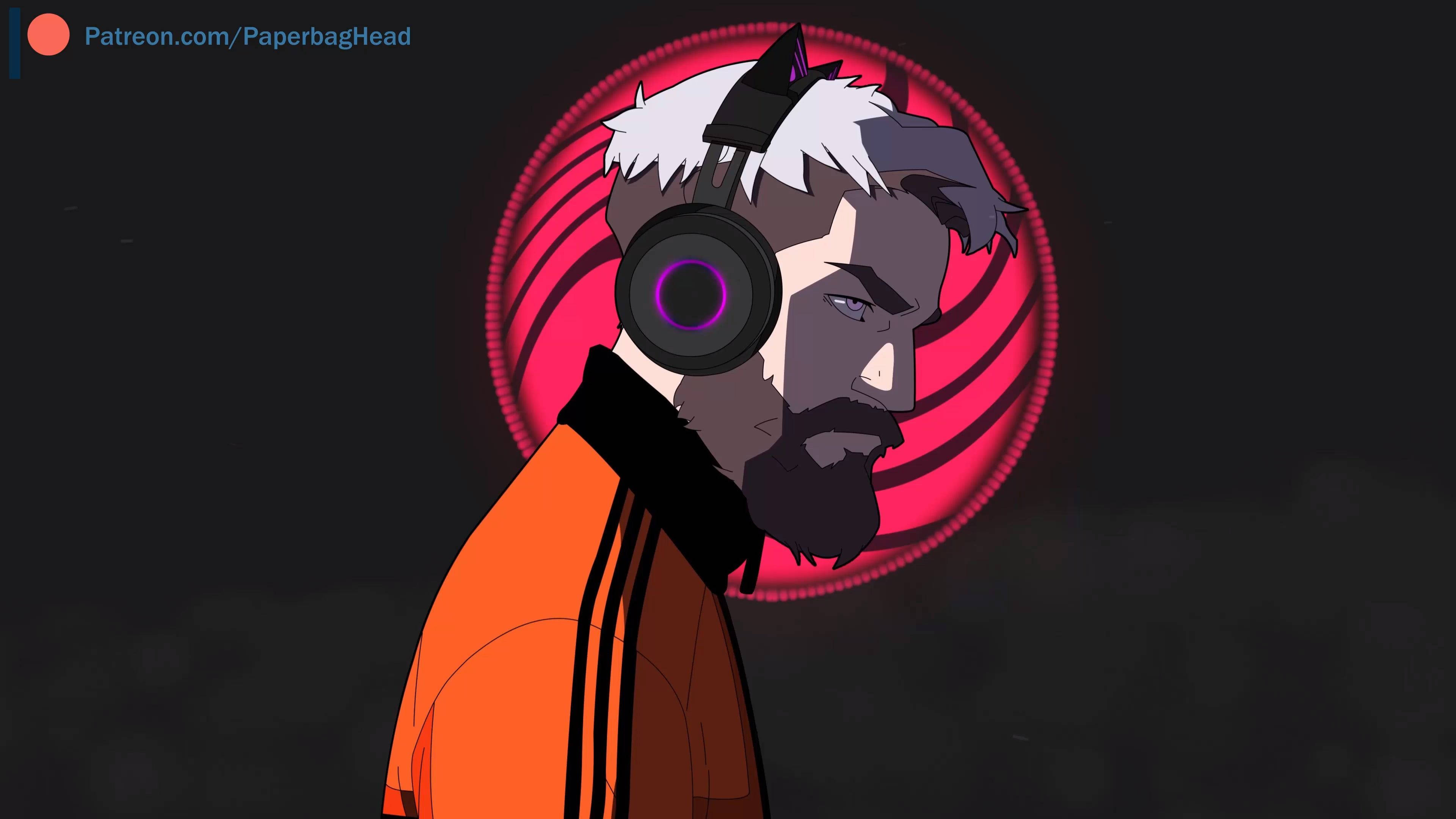 PewDiePie 桌布 壁紙 — 一個風格化的動漫男人，白髮和鬍鬚，戴著耳機，背景是發光的紅色圓形。