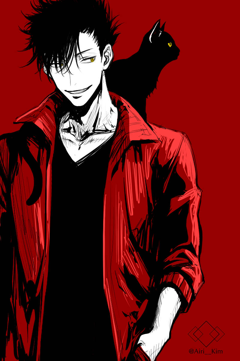Kuroo 桌布 壁紙 — 一個風格化的動漫男人穿著紅色外套微笑，身後有一隻黑貓棲息在鮮紅色的背景上。