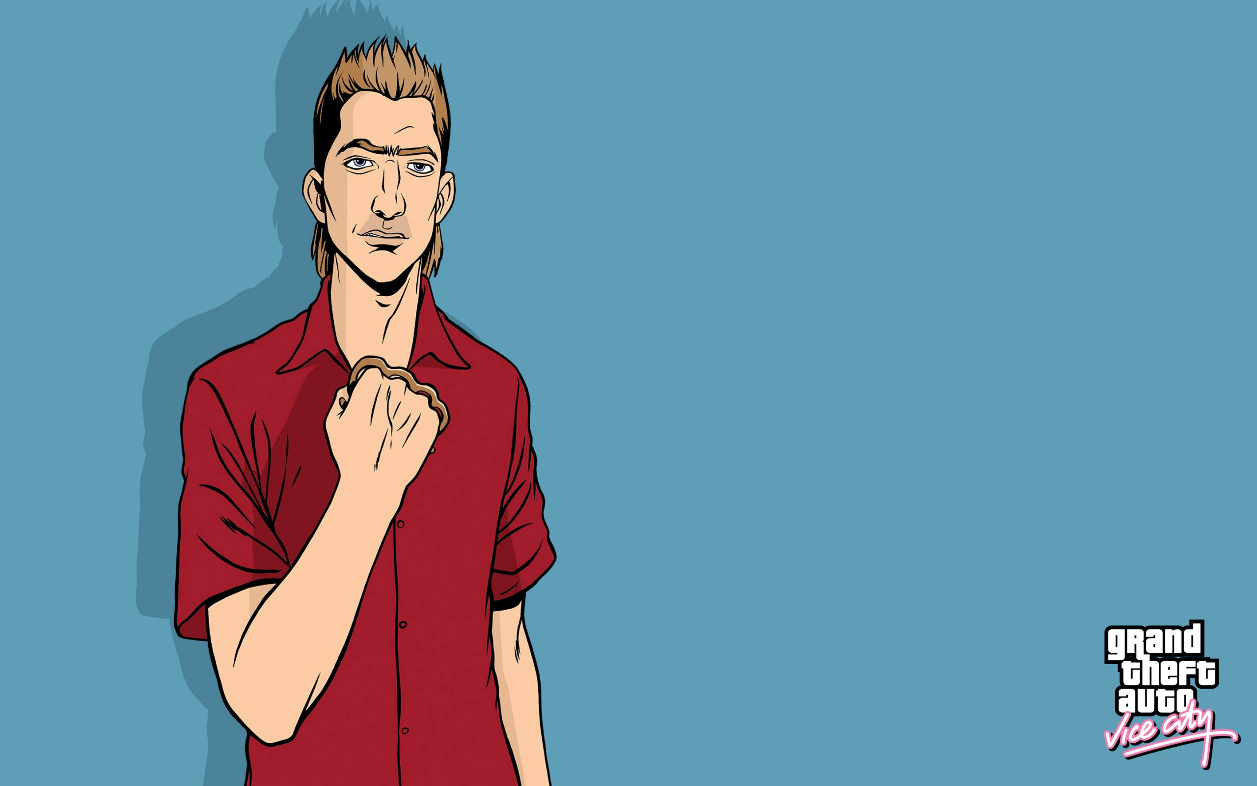電玩遊戲 桌布 壁紙 — 一個風格化的動漫男人穿著紅色襯衫，在帶有GTA Vice City標誌的純藍色背景上握緊拳頭。