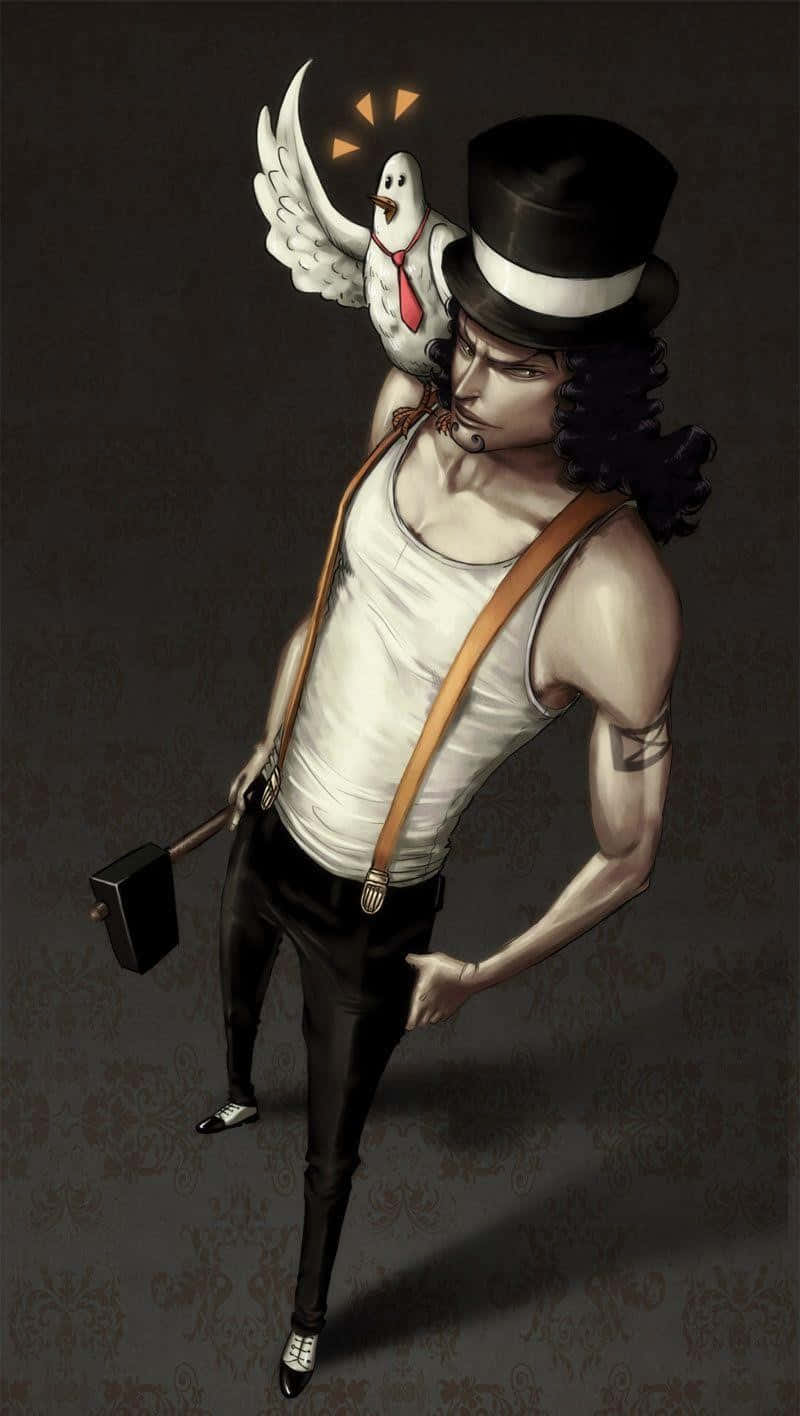 Rob Lucci 桌布 壁紙 — 一個風格化的動漫男子，戴著高頂帽和吊帶褲，手持錘子，一隻幽靈般的白鳥棲息在他的肩膀上。