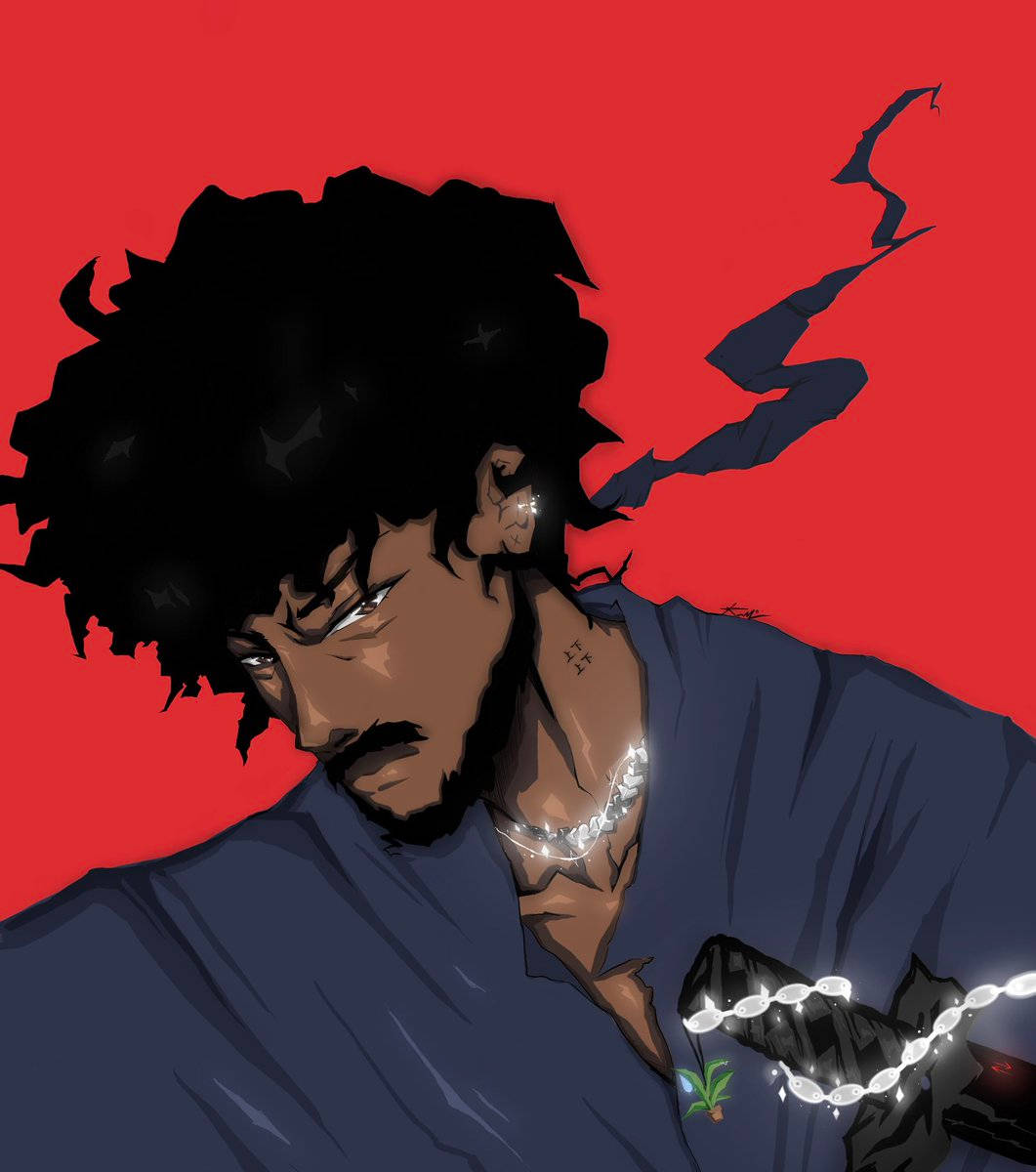 動漫男子，非洲式頭髮和發光鏈條項鍊，紅色背景。 — 武士動畫 壁紙