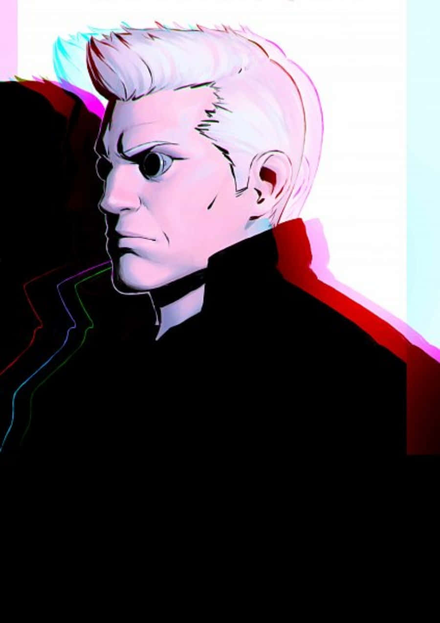Ghost In The Shell Batou 桌布 壁紙 — 一個風格化的動漫男子，白髮，眼神銳利，穿著黑色外套，背景是充滿故障效果的彩色畫面。